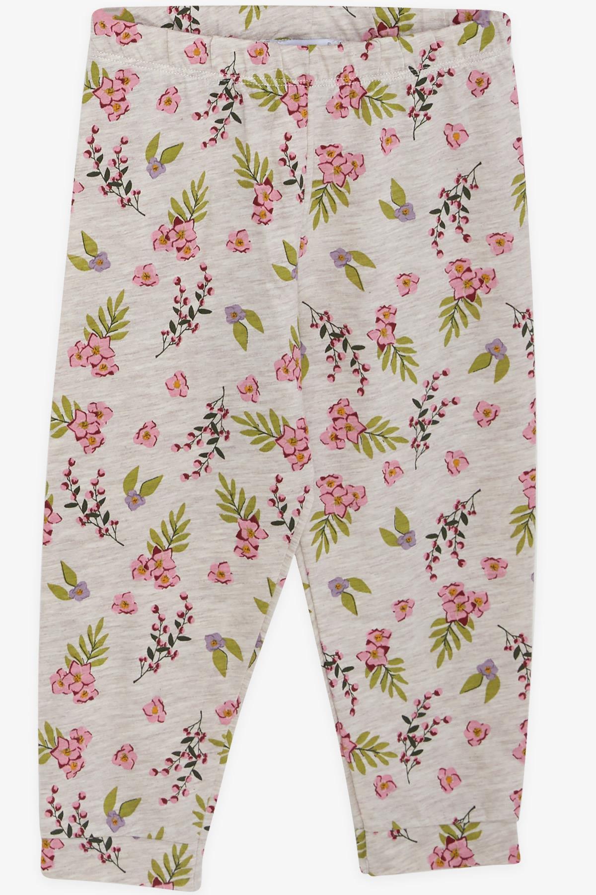 Macawı Kız Çocuk Pijama Takımı Çiçek Desenli Bej Melanj (3-6 Yaş)