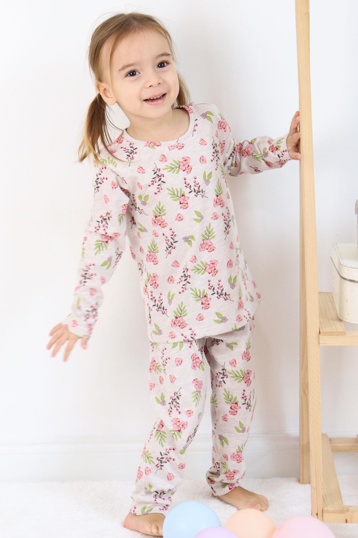 Macawı Kız Çocuk Pijama Takımı Çiçek Desenli Bej Melanj (3-6 Yaş)