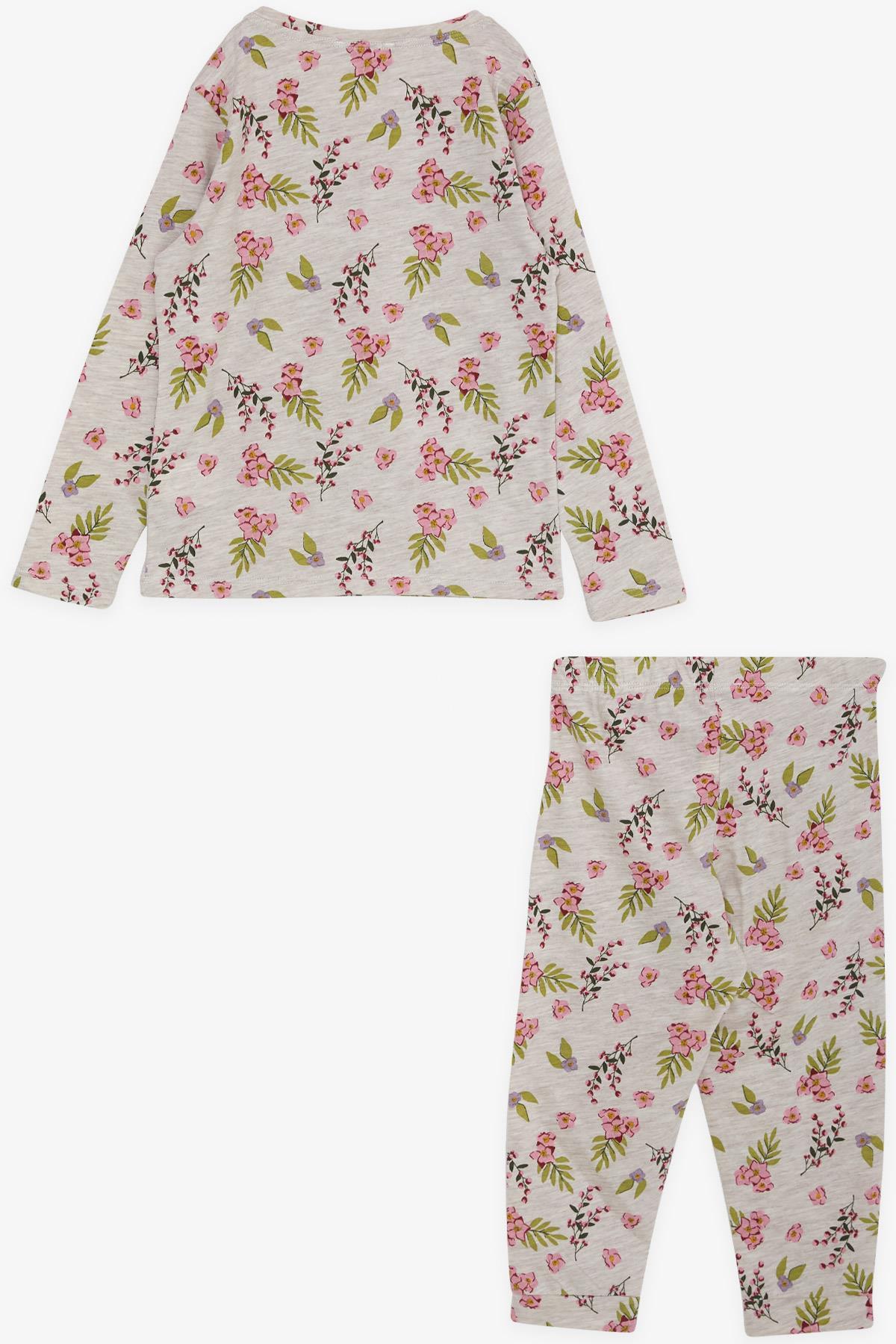 Macawı Kız Çocuk Pijama Takımı Çiçek Desenli Bej Melanj (3-6 Yaş)