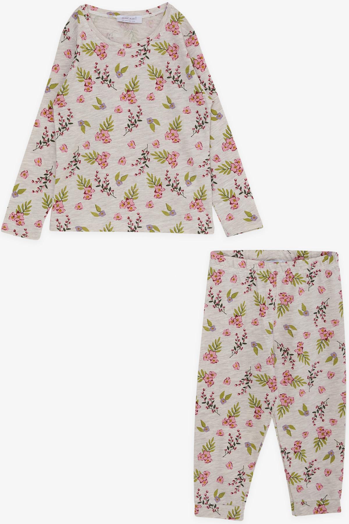 Macawı Kız Çocuk Pijama Takımı Çiçek Desenli Bej Melanj (3-6 Yaş)