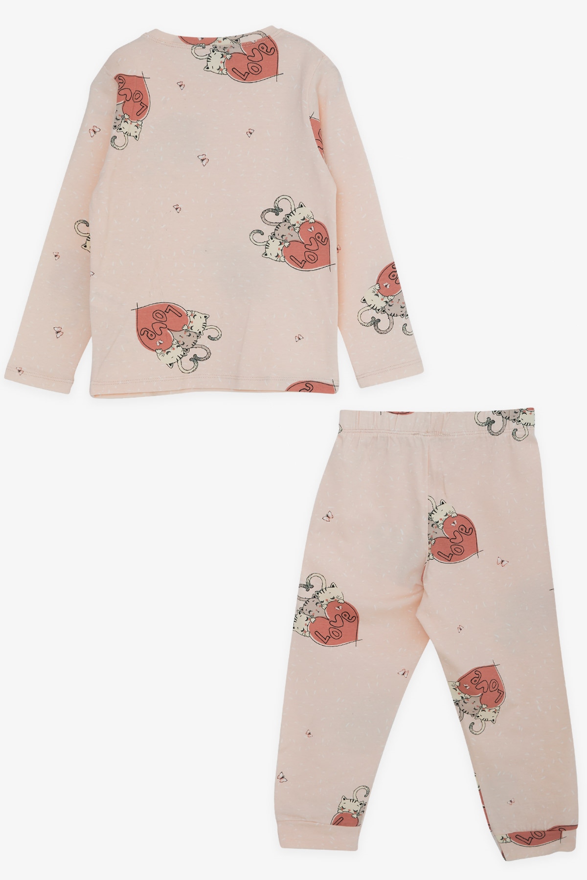 MACAWI Kız Çocuk Pijama Takımı Kedicik Desenli Pudra (3-7 Yaş)
