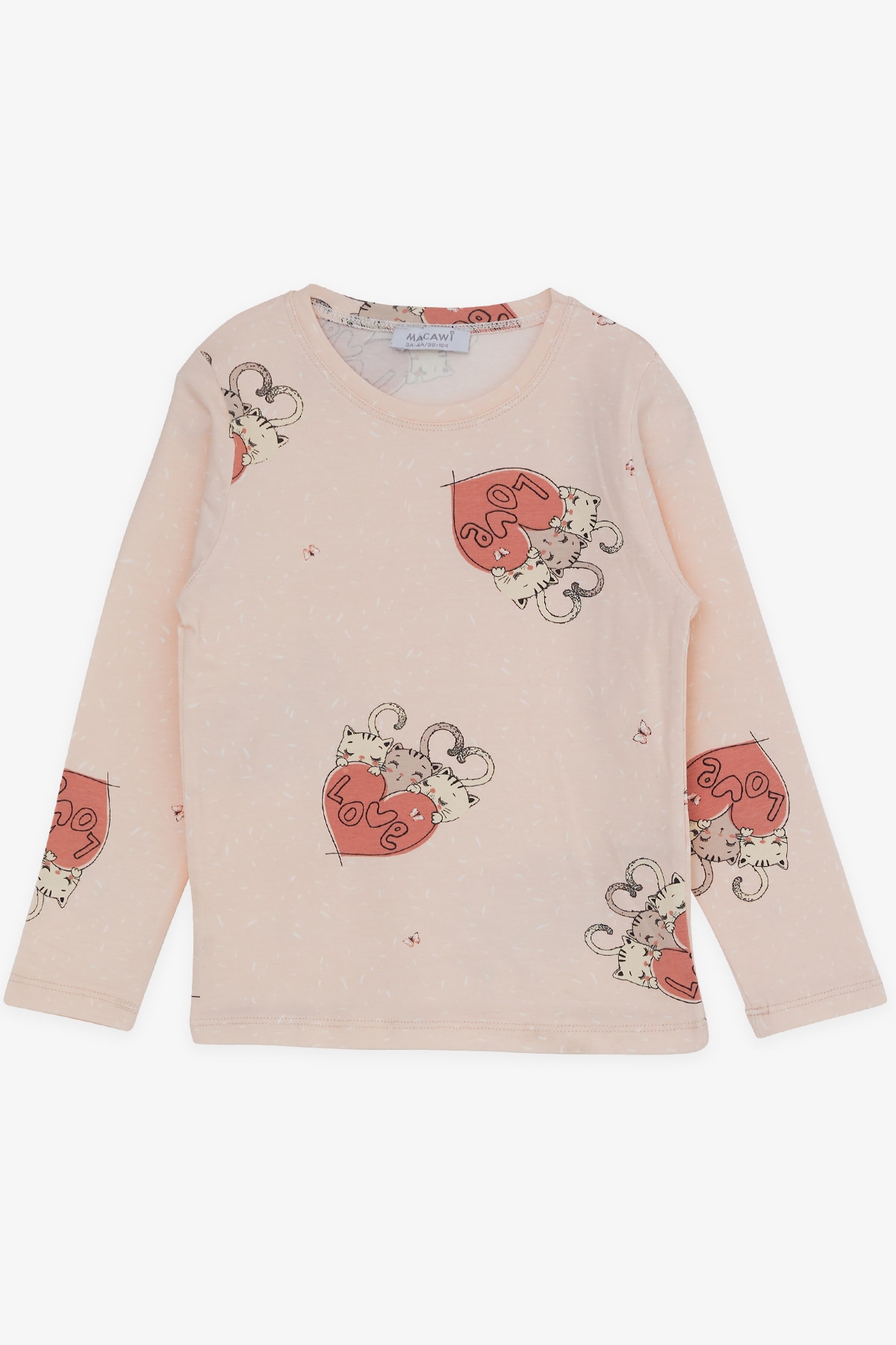MACAWI Kız Çocuk Pijama Takımı Kedicik Desenli Pudra (3-7 Yaş)