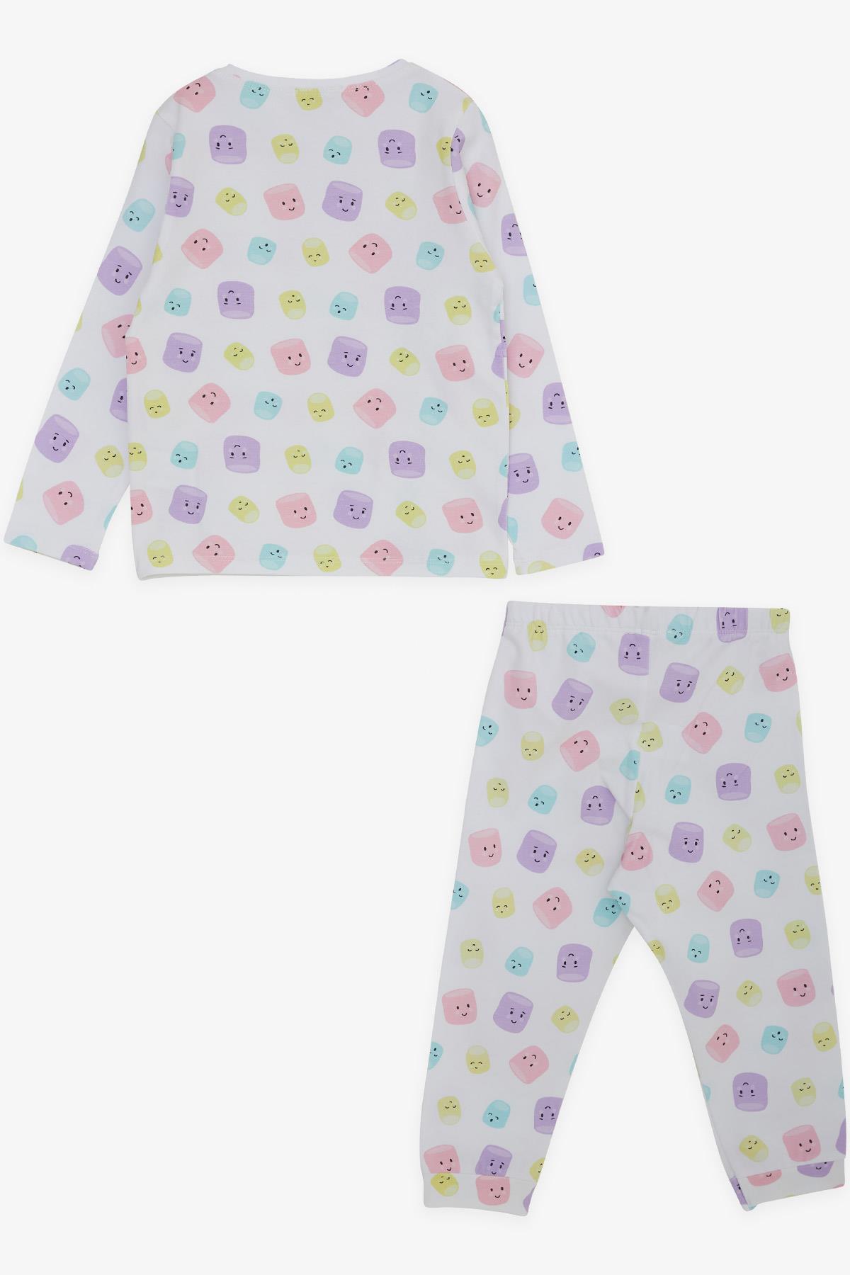 Macawı Kız Çocuk Pijama Takımı Renkli Neşeli Bardak Desenli Beyaz (3-7 Yaş)