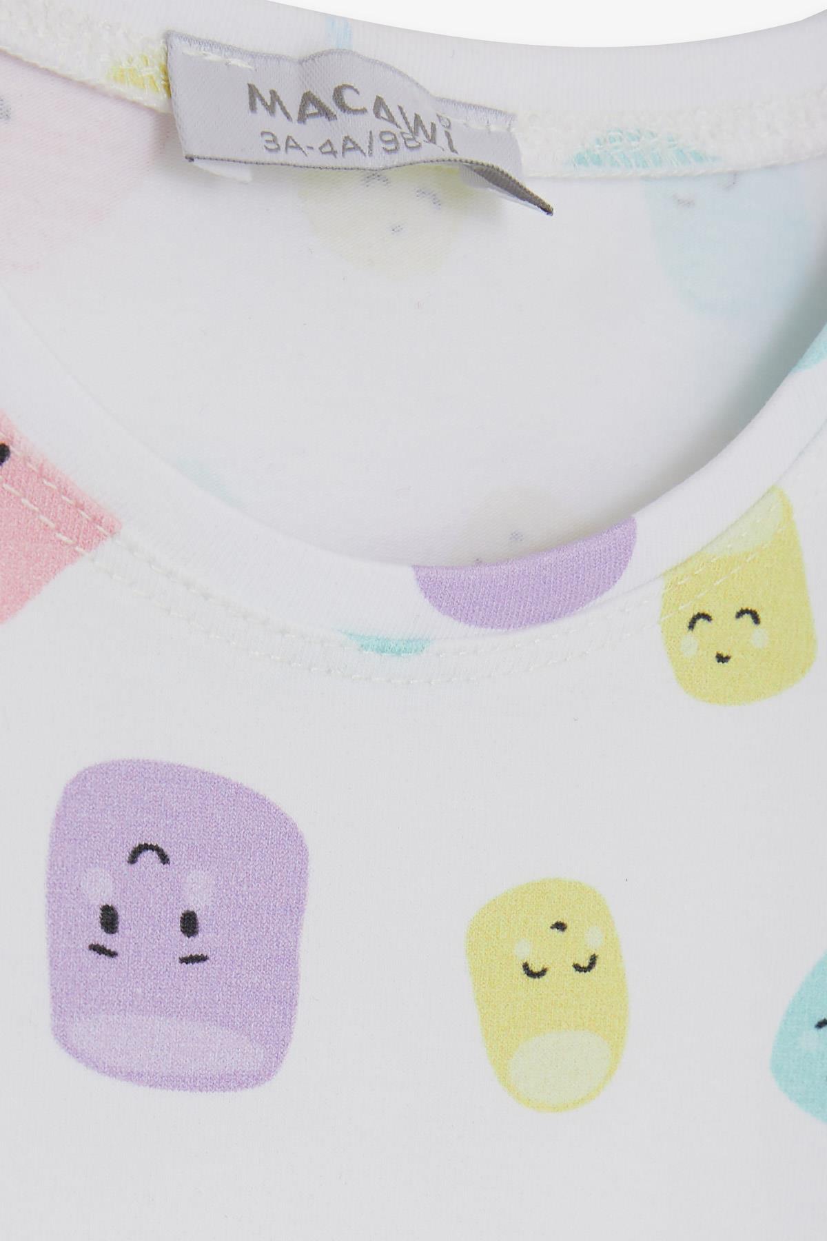 Macawı Kız Çocuk Pijama Takımı Renkli Neşeli Bardak Desenli Beyaz (3-7 Yaş)