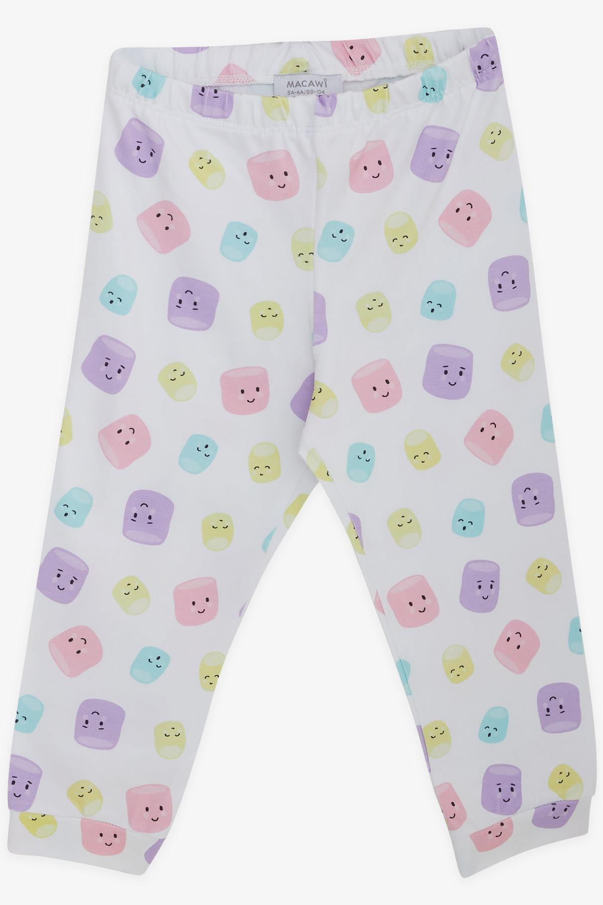 Macawı Kız Çocuk Pijama Takımı Renkli Neşeli Bardak Desenli Beyaz (3-7 Yaş)
