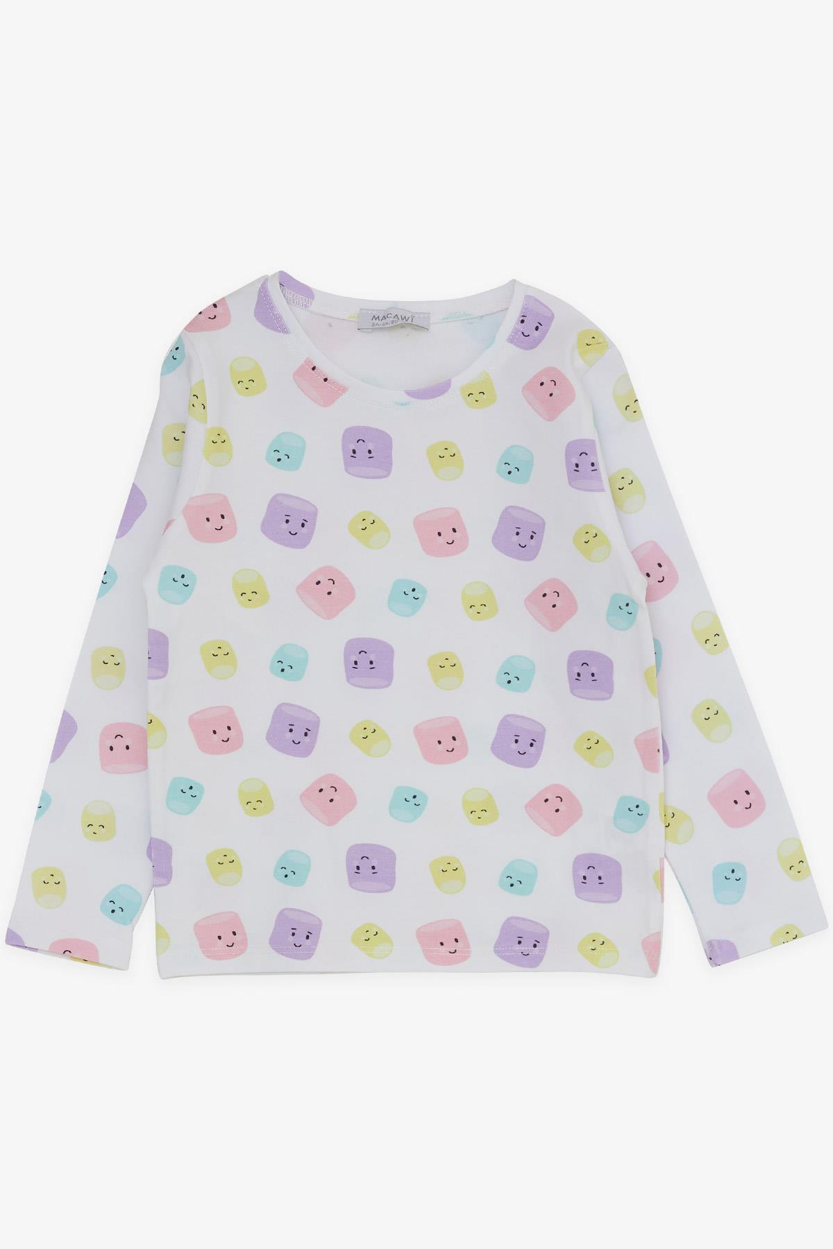 Macawı Kız Çocuk Pijama Takımı Renkli Neşeli Bardak Desenli Beyaz (3-7 Yaş)