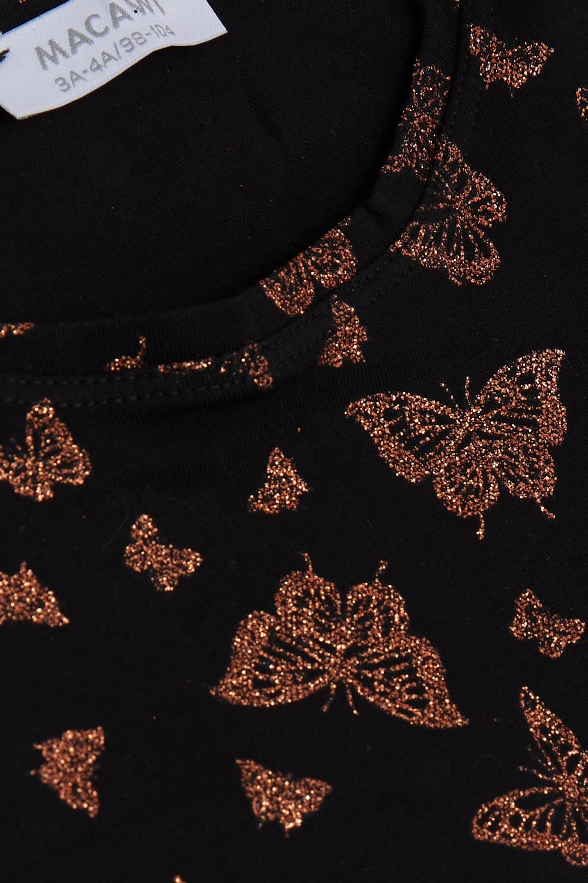 MACAWI Kız Çocuk Pijama Takımı Simli Kelebek Desenli Siyah (3-7 Yaş)