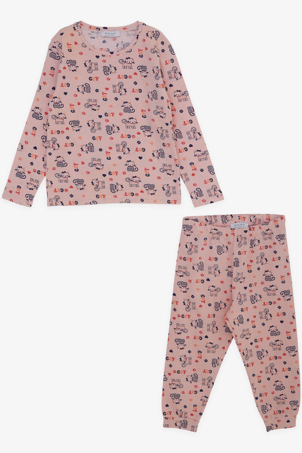 Macawı Kız Çocuk Pijama Takımı Süslü Kedicik Desenli Somon (3-7 Yaş)