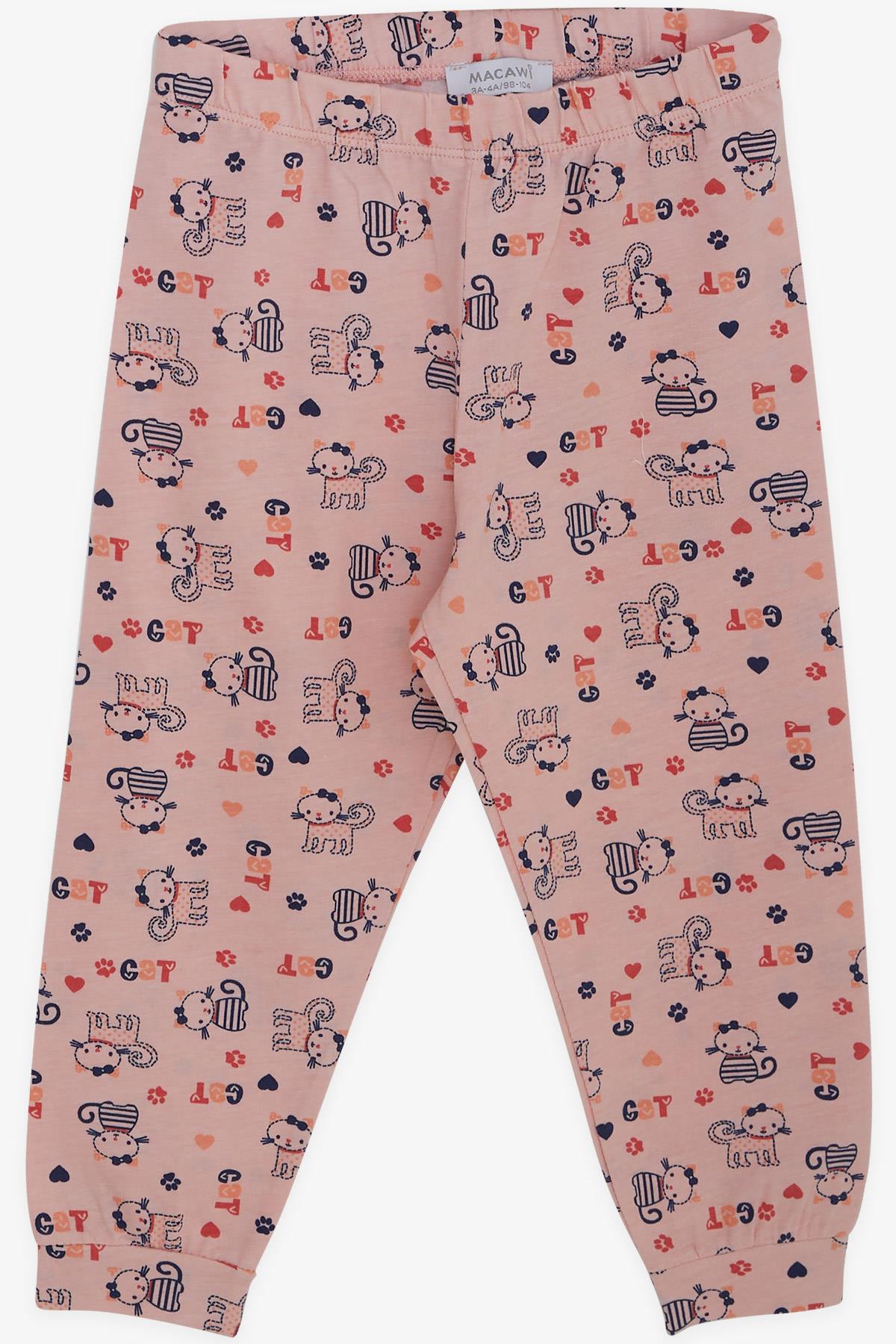 Macawı Kız Çocuk Pijama Takımı Süslü Kedicik Desenli Somon (3-7 Yaş)