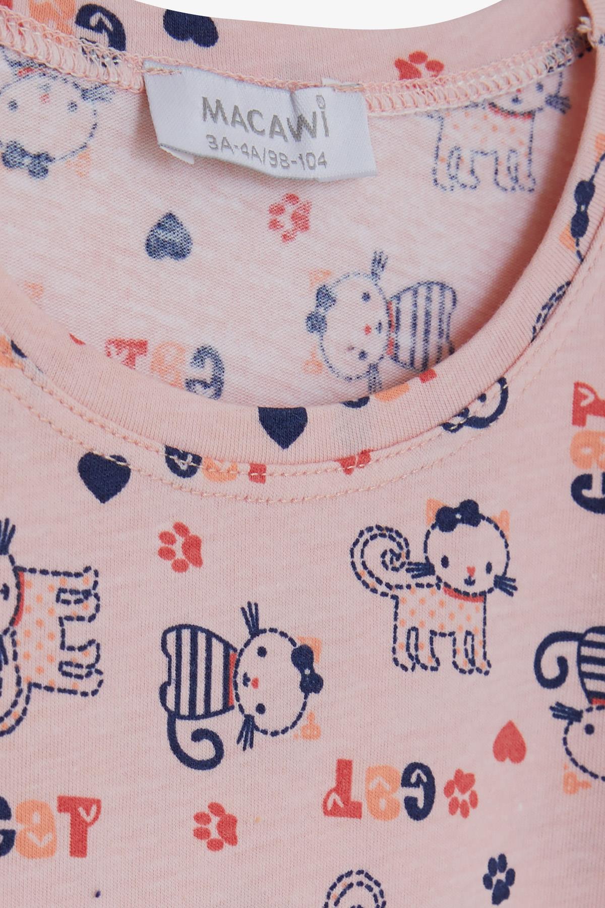 Macawı Kız Çocuk Pijama Takımı Süslü Kedicik Desenli Somon (3-7 Yaş)