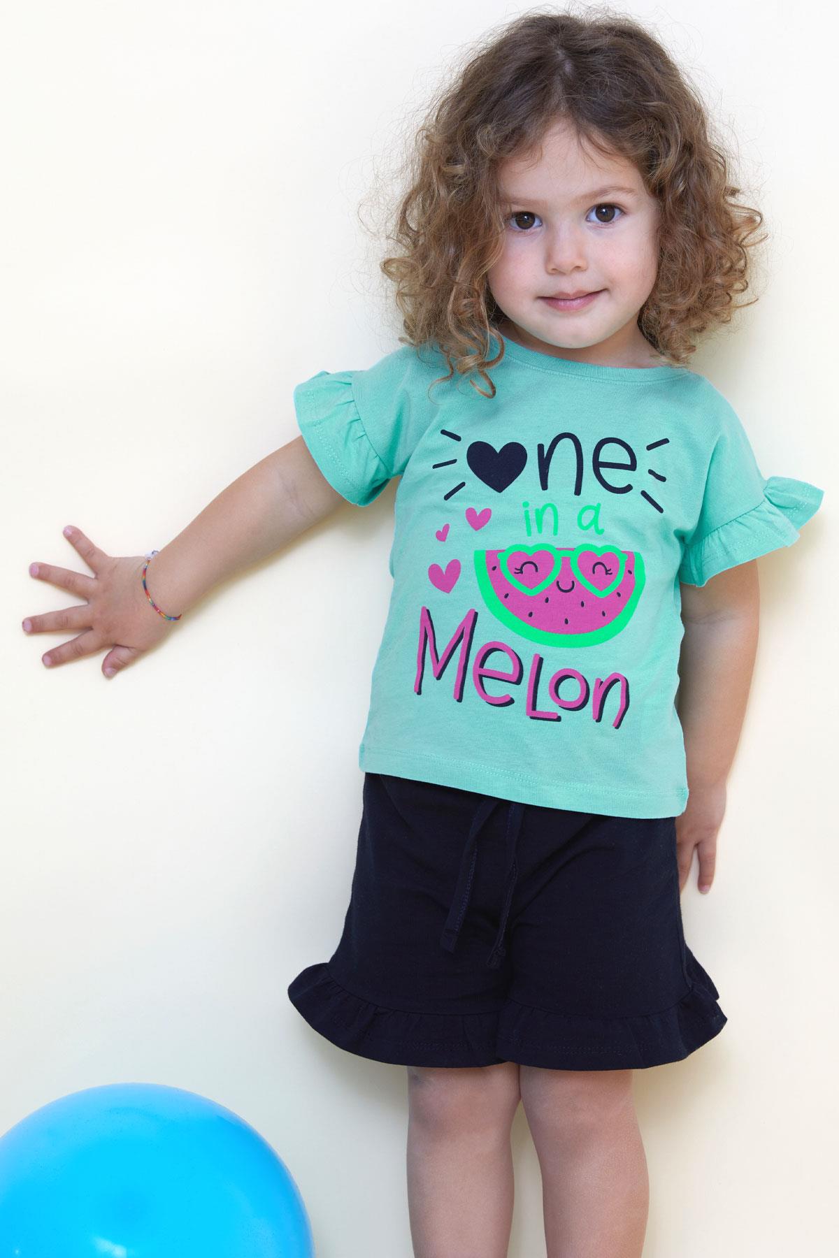 Macawı Kız Çocuk Şortlu Takım Sevimli Gözlüklü Kavun Baskılı Su Yeşili (3-7 Yaş)