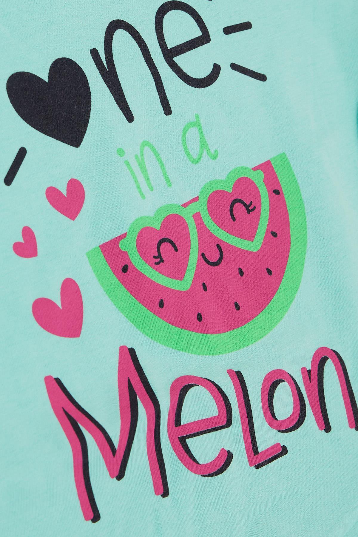 Macawı Kız Çocuk Şortlu Takım Sevimli Gözlüklü Kavun Baskılı Su Yeşili (3-7 Yaş)