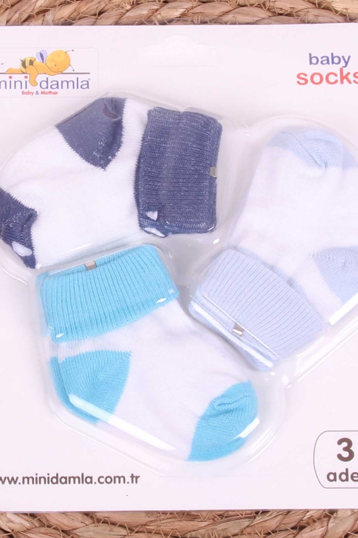 Mini Damla Erkek Bebek Yenidoğan Çorap 2 Renklİ 3 lü Karışık Renk (0-3 Ay)