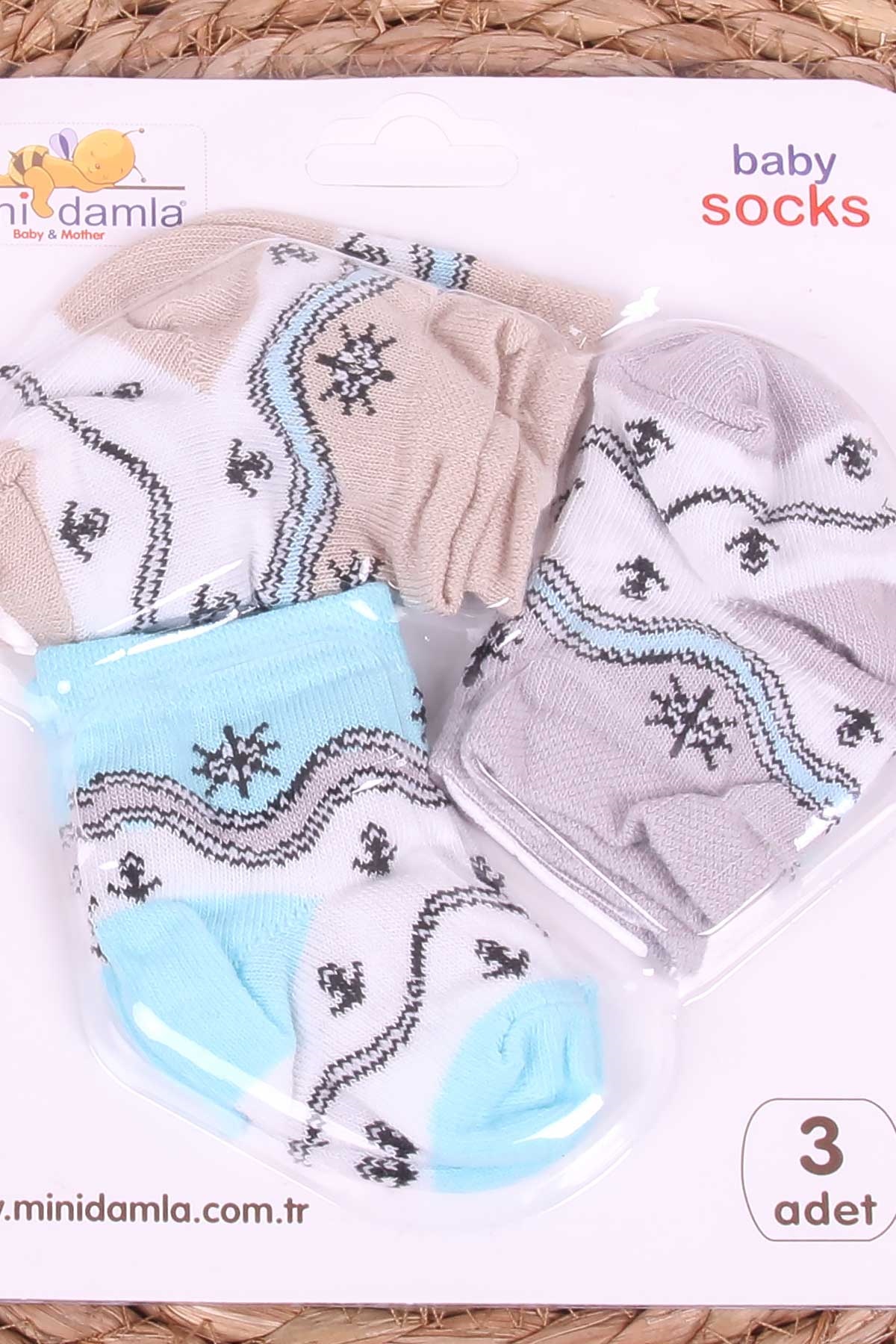 Mini Damla Erkek Bebek Yenidoğan Çorap Çapa Desenli 3 lü Karışık Renk (0-3 Ay)