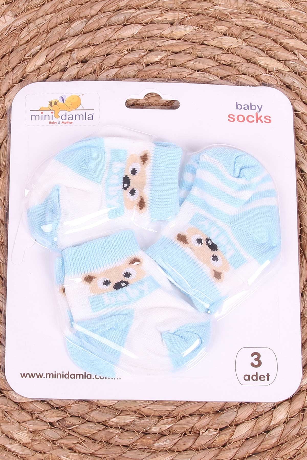 Mini Damla Erkek Bebek Yenidoğan Çorap Ayıcıklı Desenli 3 lü Açık Mavi (0-3 Ay)