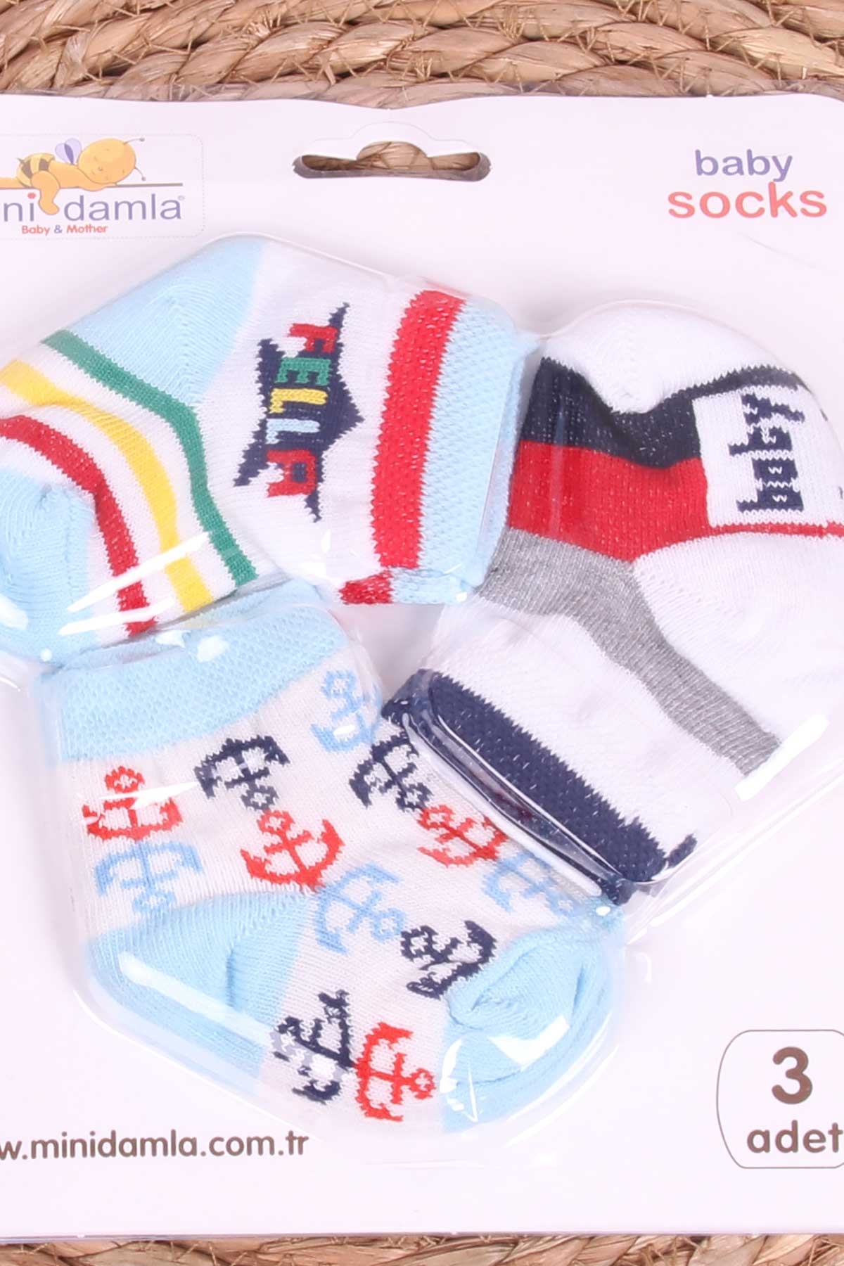 Mini Damla Erkek Bebek Yenidoğan Çorap Desenli 3 lü Karışık Renk (0-3 Ay)
