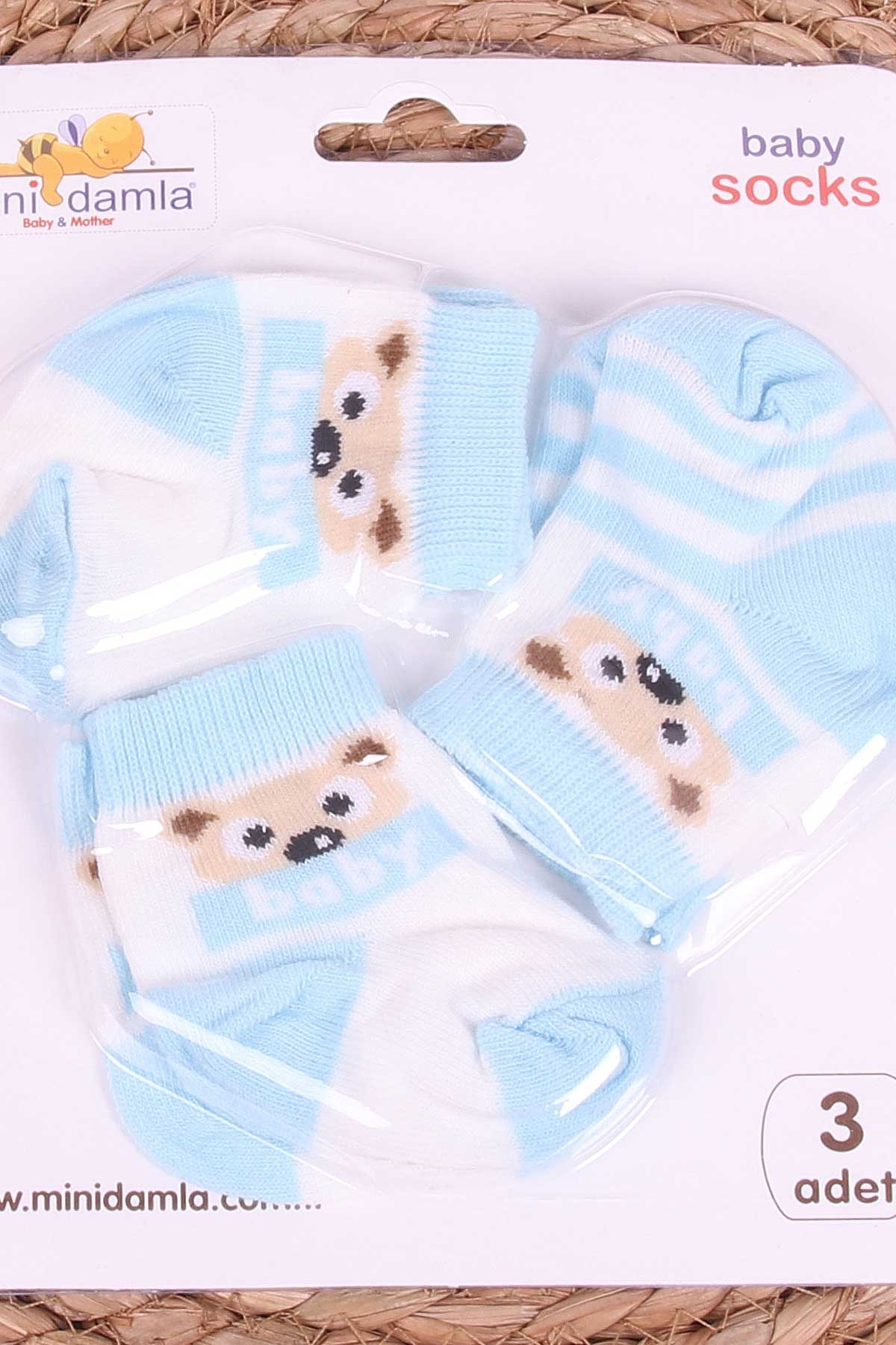 Mini Damla Erkek Bebek Yenidoğan Çorap Ayıcıklı Desenli 3 lü Açık Mavi (0-3 Ay)