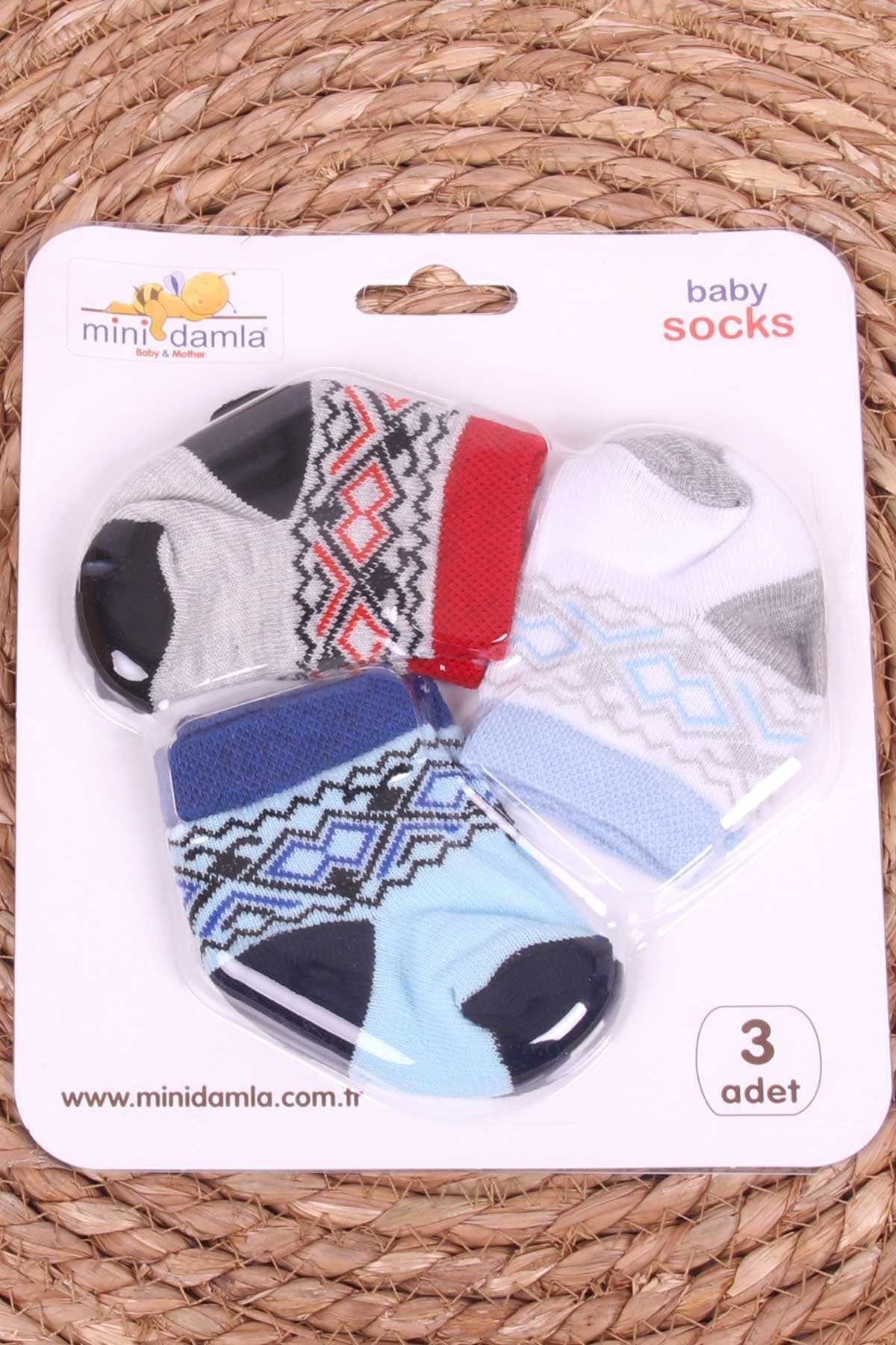 Mini Damla Erkek Bebek Yenidoğan Çorap Desenli 3 lü Karışık Renk (0-3 Ay)