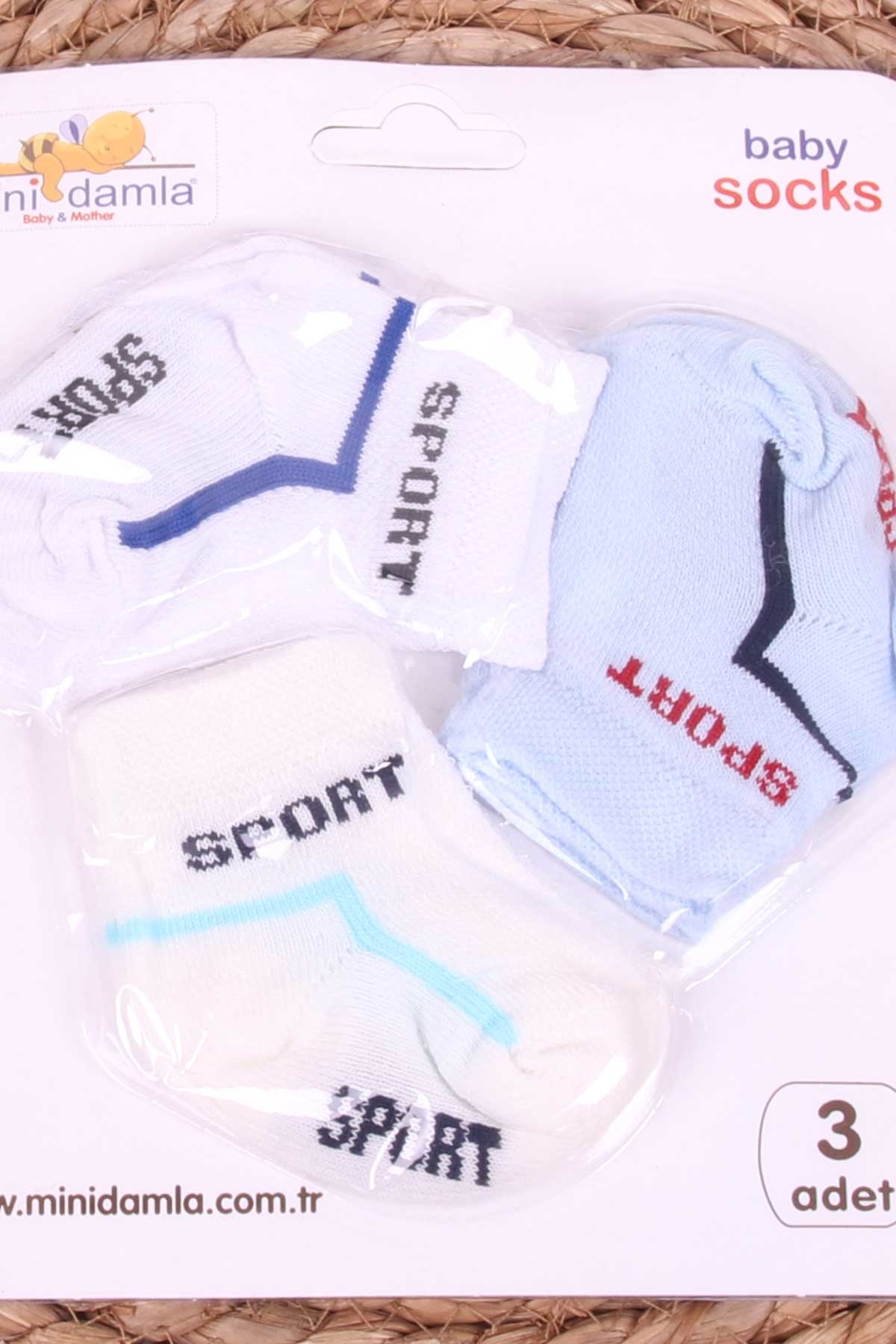 Mini Damla Erkek Bebek Yenidoğan Çorap Yazılı Desenli 3 lü Karışık Renk (0-3 Ay)