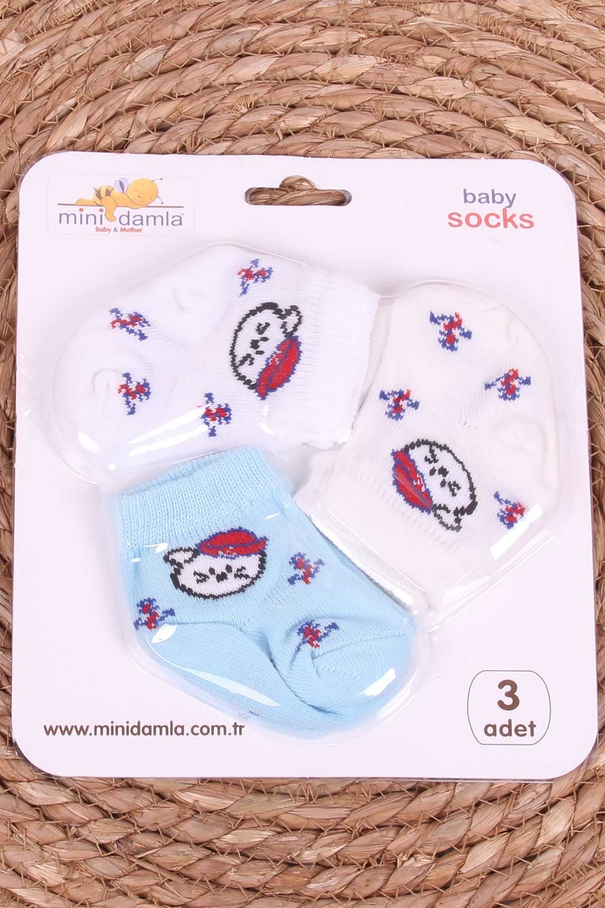 Mini Damla Erkek Bebek Yenidoğan Çorap Kedili 3 lü Karışık Renk (0-3 Ay)
