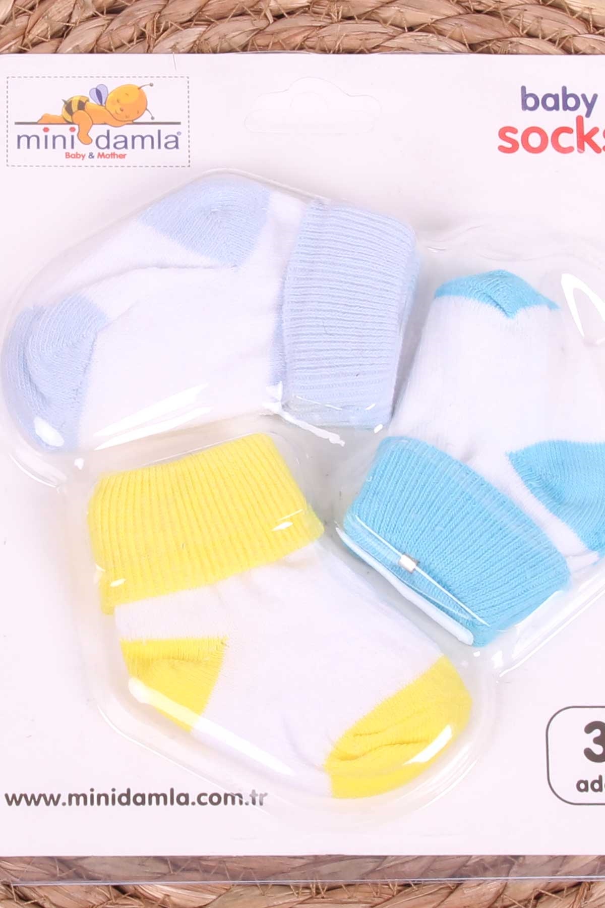 Mini Damla Erkek Bebek Yenidoğan Çorap 2 Renklİ 3 lü Karışık Renk (0-3 Ay)