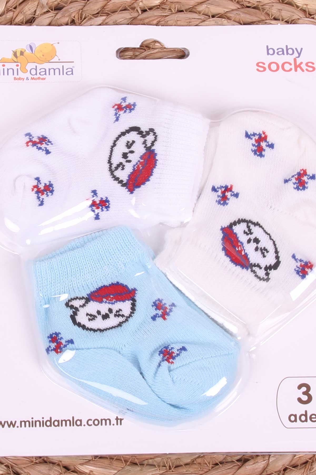Mini Damla Erkek Bebek Yenidoğan Çorap Kedili 3 lü Karışık Renk (0-3 Ay)