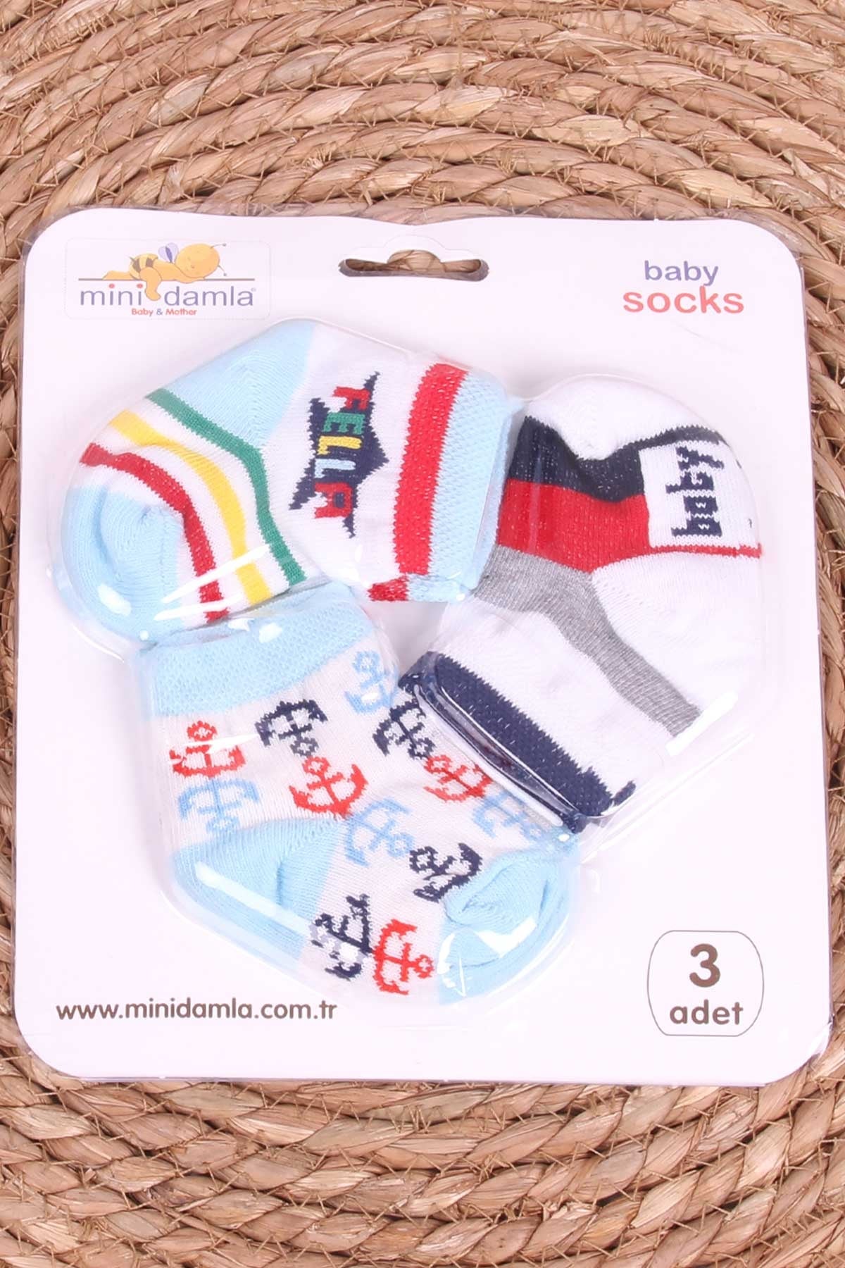Mini Damla Erkek Bebek Yenidoğan Çorap Desenli 3 lü Karışık Renk (0-3 Ay)