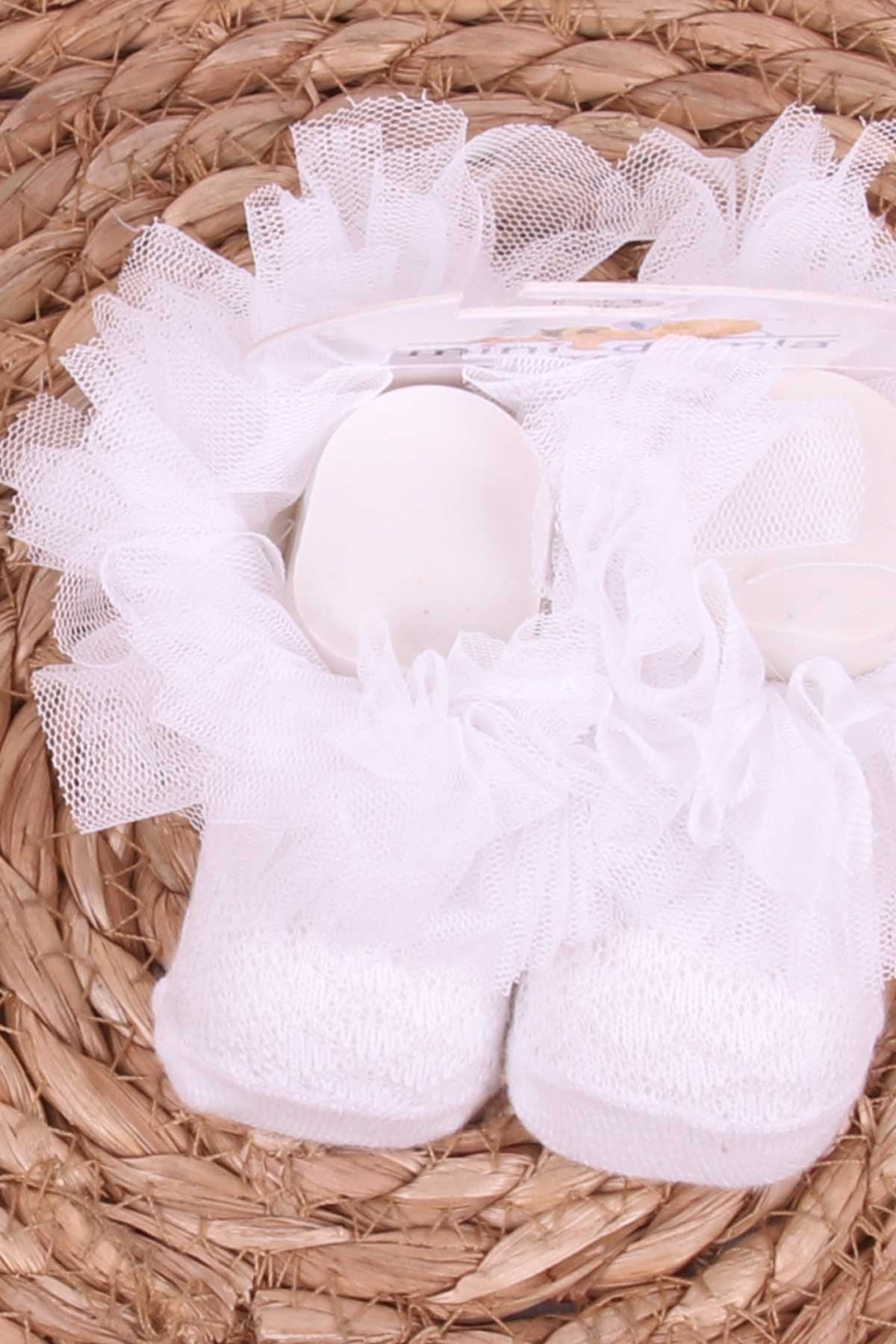 Mini Damla Kız Bebek Çorap Kokoş Tüllü Beyaz (0-3 Ay)