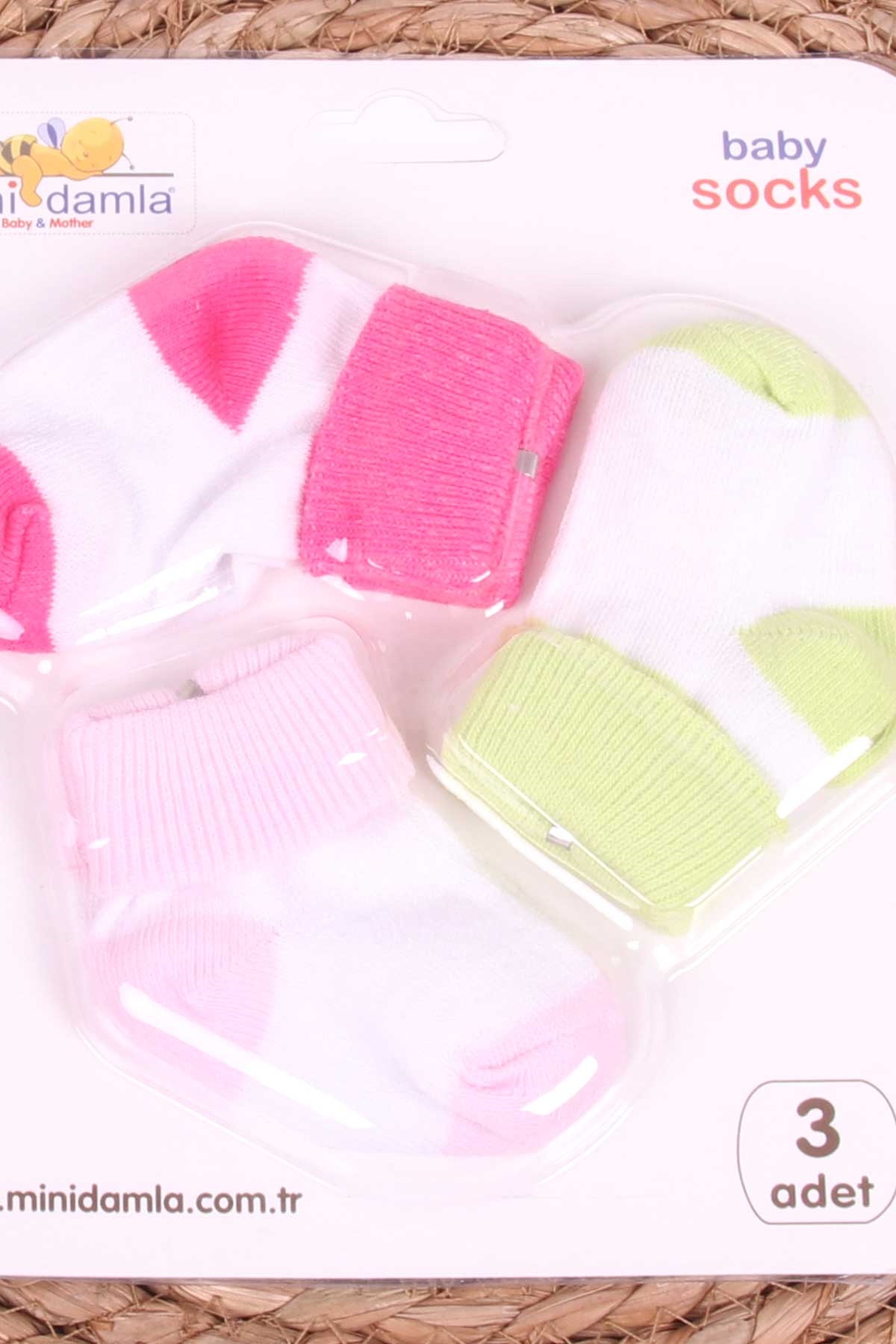 Mini Damla Kız Bebek Yenidoğan Çorap 2 Renklİ 3 lü Karışık Renk (0-3 Ay)