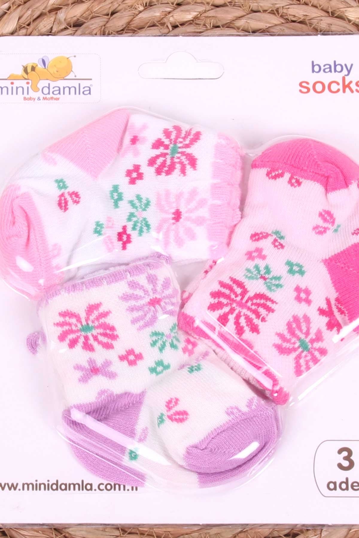 Mini Damla Kız Bebek Yenidoğan Çorap Çiçek Desenli 3 lü Karışık Renk (0-3 Ay)