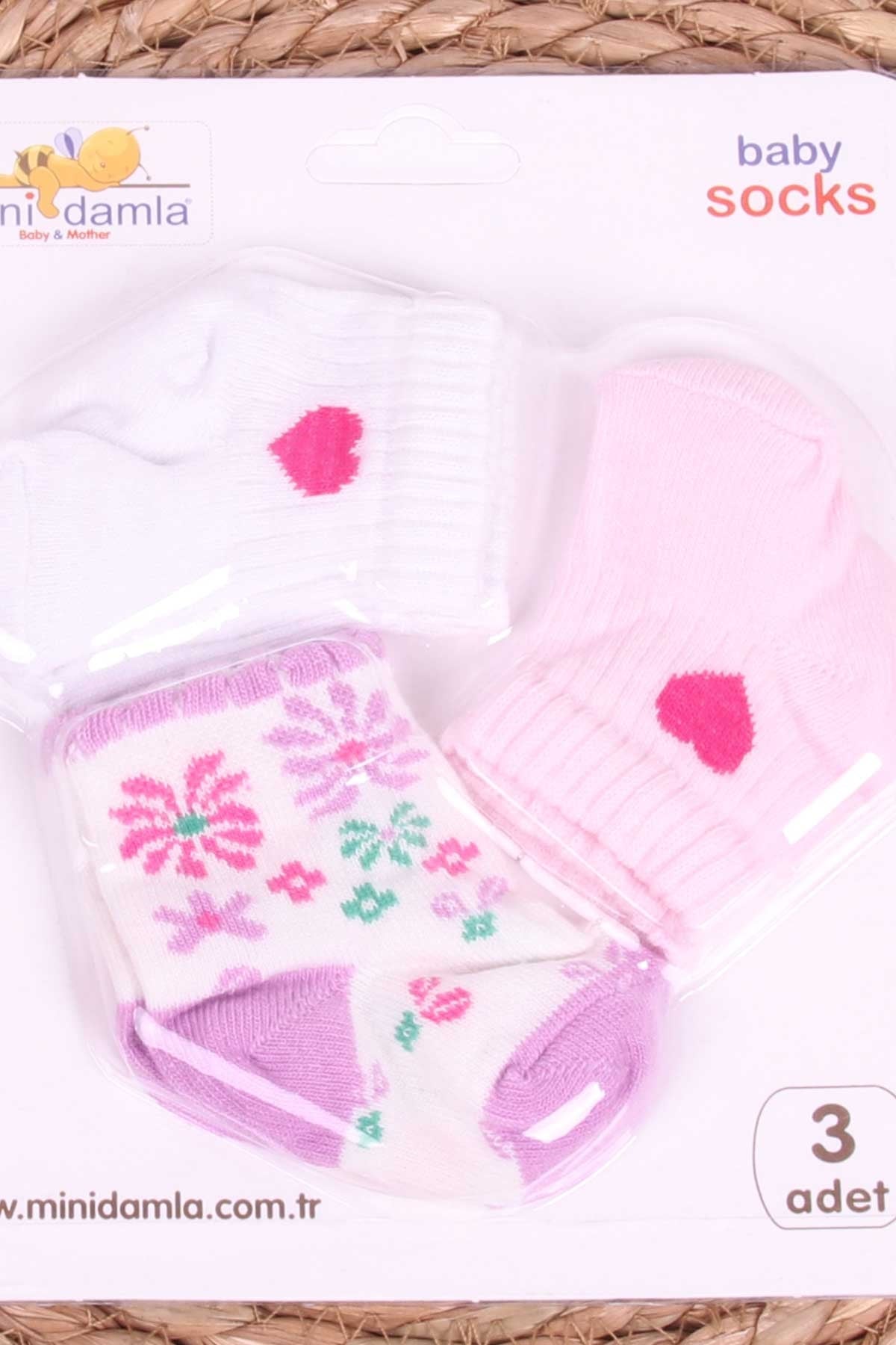Mini Damla Kız Bebek Yenidoğan Çorap Desenli 3 lü Karışık Renk (0-3 Ay)