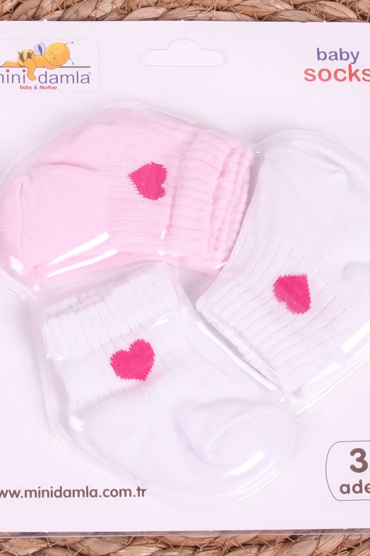 Mini Damla Kız Bebek Yenidoğan Çorap Kalpli 3 lü Karışık Renk (0-3 Ay)