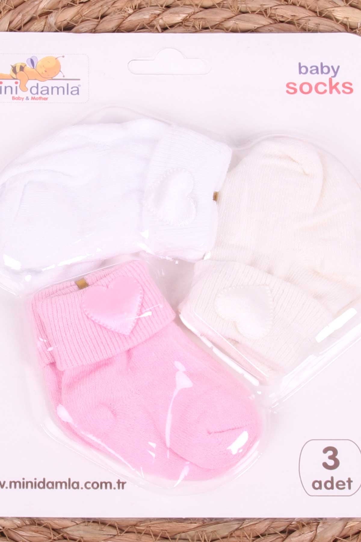 Mini Damla Kız Bebek Yenidoğan Çorap Kalpli 3 lü Karışık Renk (0-3 Ay)