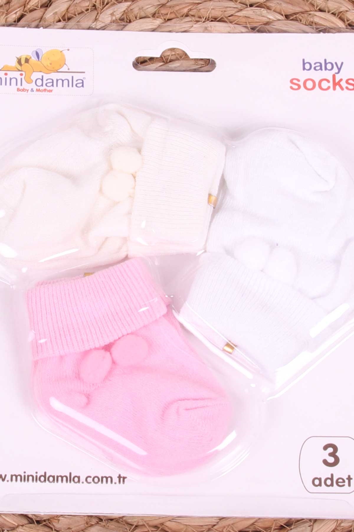 Mini Damla Kız Bebek Yenidoğan Çorap Ponponlu 3 lü Karışık Renk (0-3 Ay)