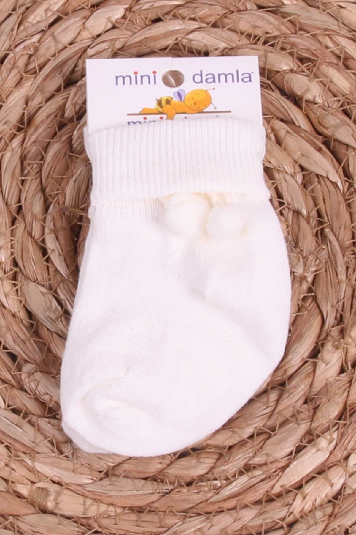 Mini Damla Kız Bebek Yenidoğan Çorap Ponponlu Ekru (Standart)
