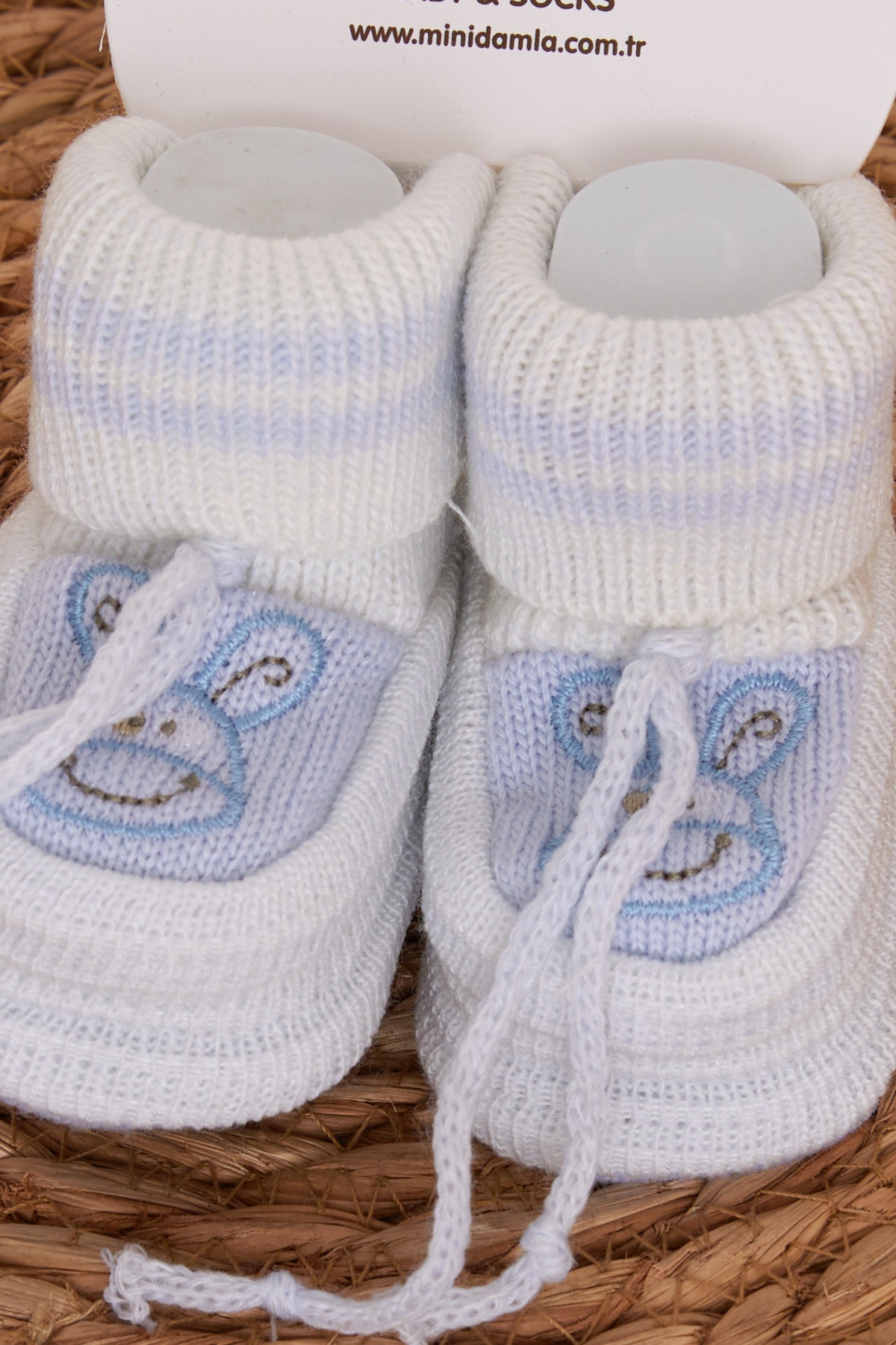 Minidamla Erkek Bebek Triko Patik Hayvancık Nakışlı Ekru