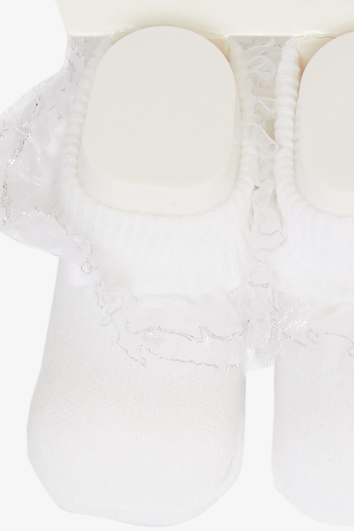 MİNİDAMLA Kız Bebek Ayaklı Çorap Simli Dantelli Beyaz