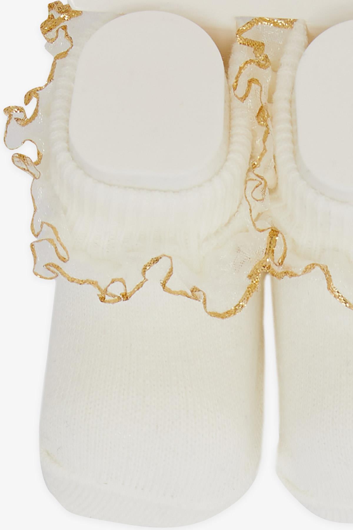 MİNİDAMLA Kız Bebek Ayaklı Çorap Simli Dantelli Ekru