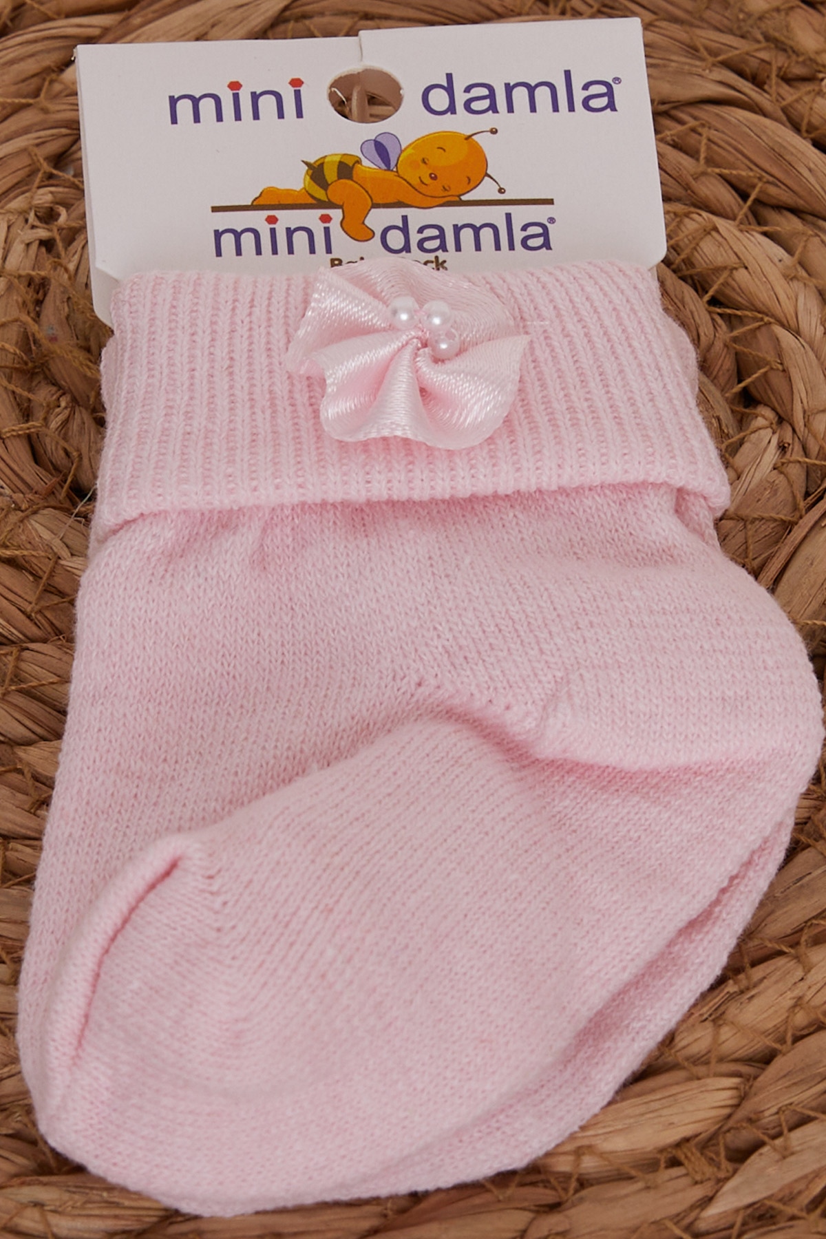Minidamla Kız Bebek Çorap Boncuk Aksesuarlı Pudra