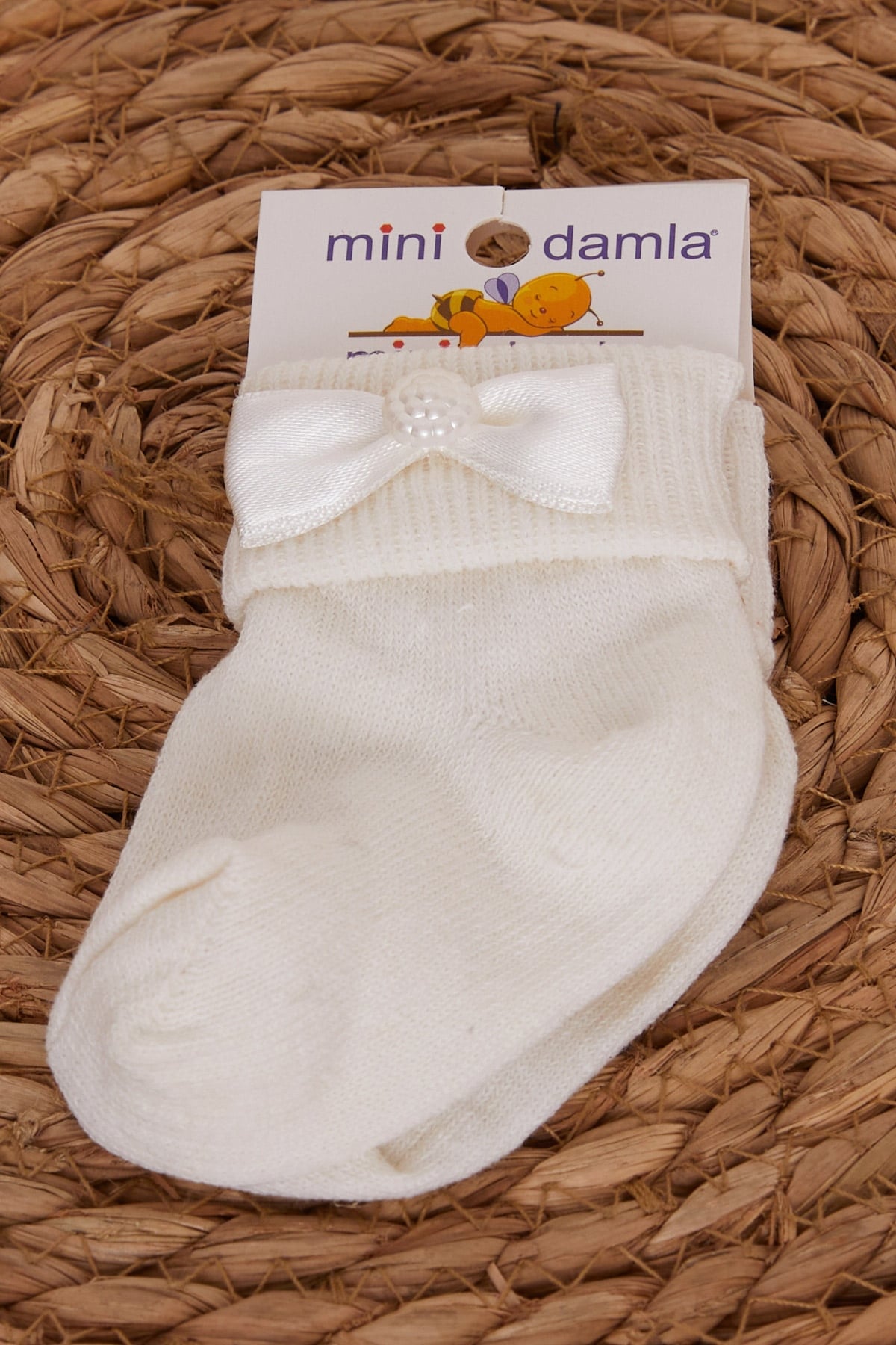Minidamla Kız Bebek Çorap Fiyonk Aksesuarlı Ekru