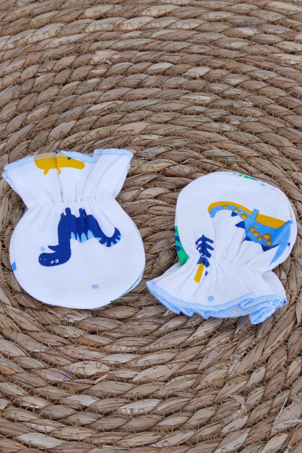 Minidamla Yenidoğan Bebek Eldiveni 2 li Dinozor Desenli Ekru (Standart)