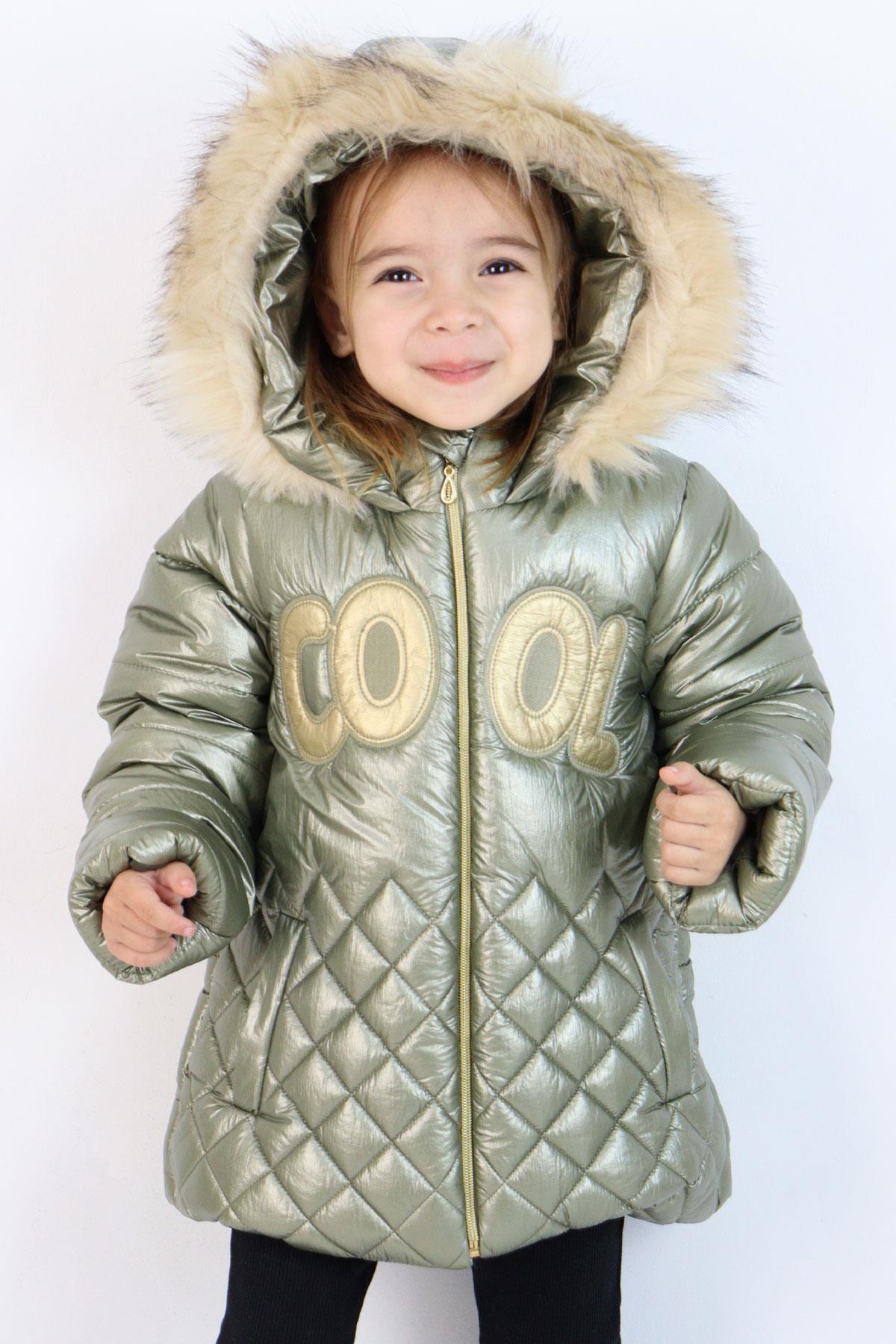 Miss Pallone Kız Çocuk Mont Cool Yazı Nakışlı Fermuarlı Şapkası Kürklü Mint Yeşili (3-6 Yaş)