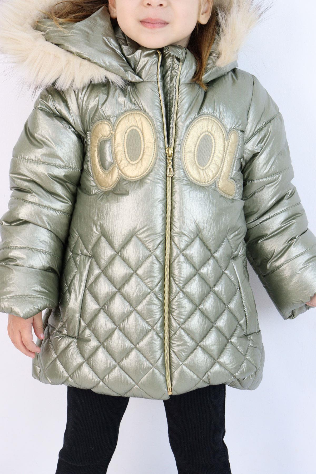 Miss Pallone Kız Çocuk Mont Cool Yazı Nakışlı Fermuarlı Şapkası Kürklü Mint Yeşili (3-6 Yaş)