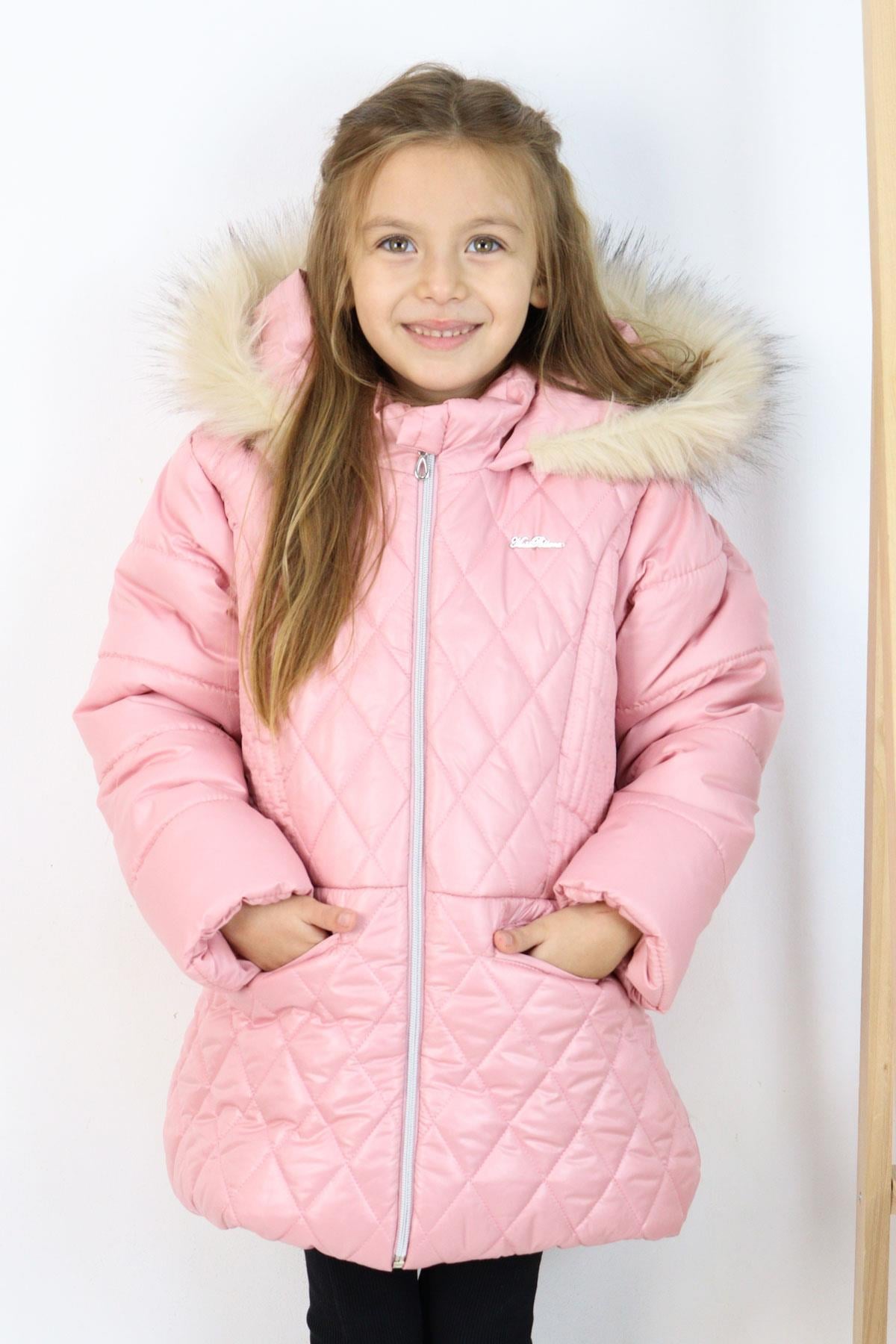 Miss Pallone Kız Çocuk Mont Şapkası Kürklü Cep Kısmı Fermuarlı Pembe (7-10 Yaş)