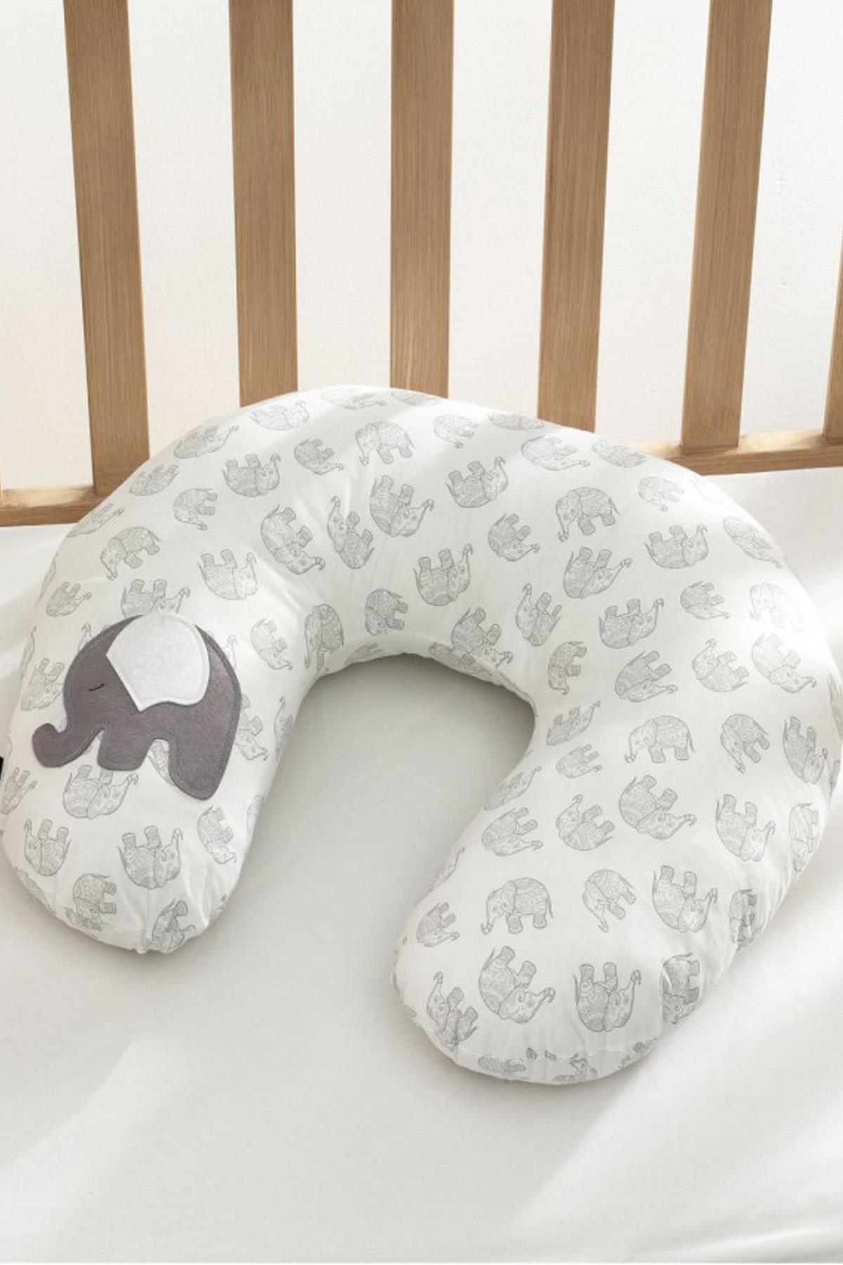MOMSHOP Bebek Emzirme Ve Destek Minderi Fil Desenli Beyaz