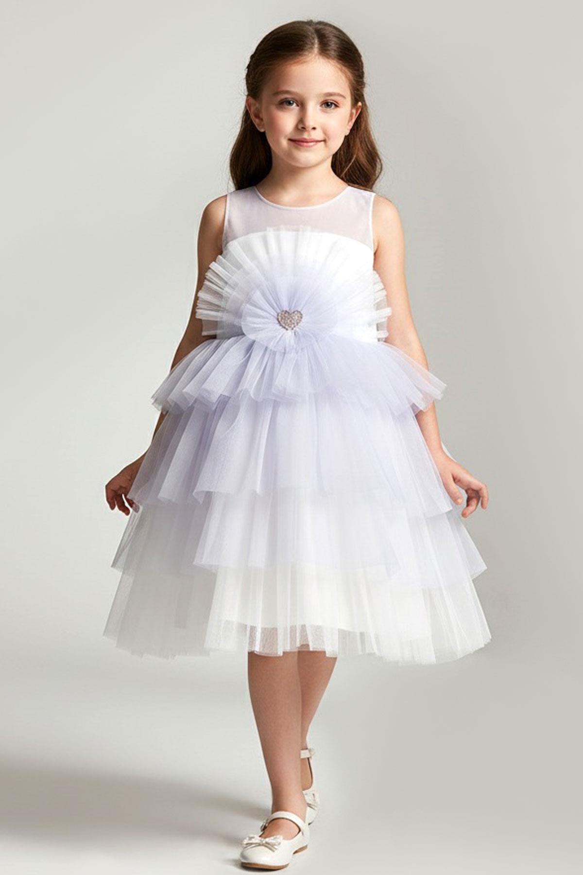 Monita Kız Çocuk Abiye Elbise Arka Kısmı Fiyonklu Taşlı Kalp Aksesuarlı Lila (4-8 Yaş)