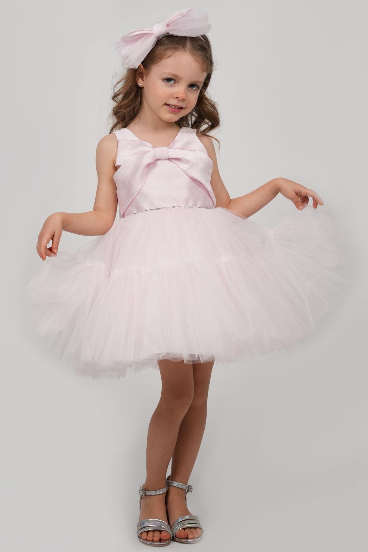 Monita Kız Çocuk Abiye Elbise Arkası Fiyonk Detaylı Bel Kısmı Taşlı Taçlı Pembe (1-5 Yaş)