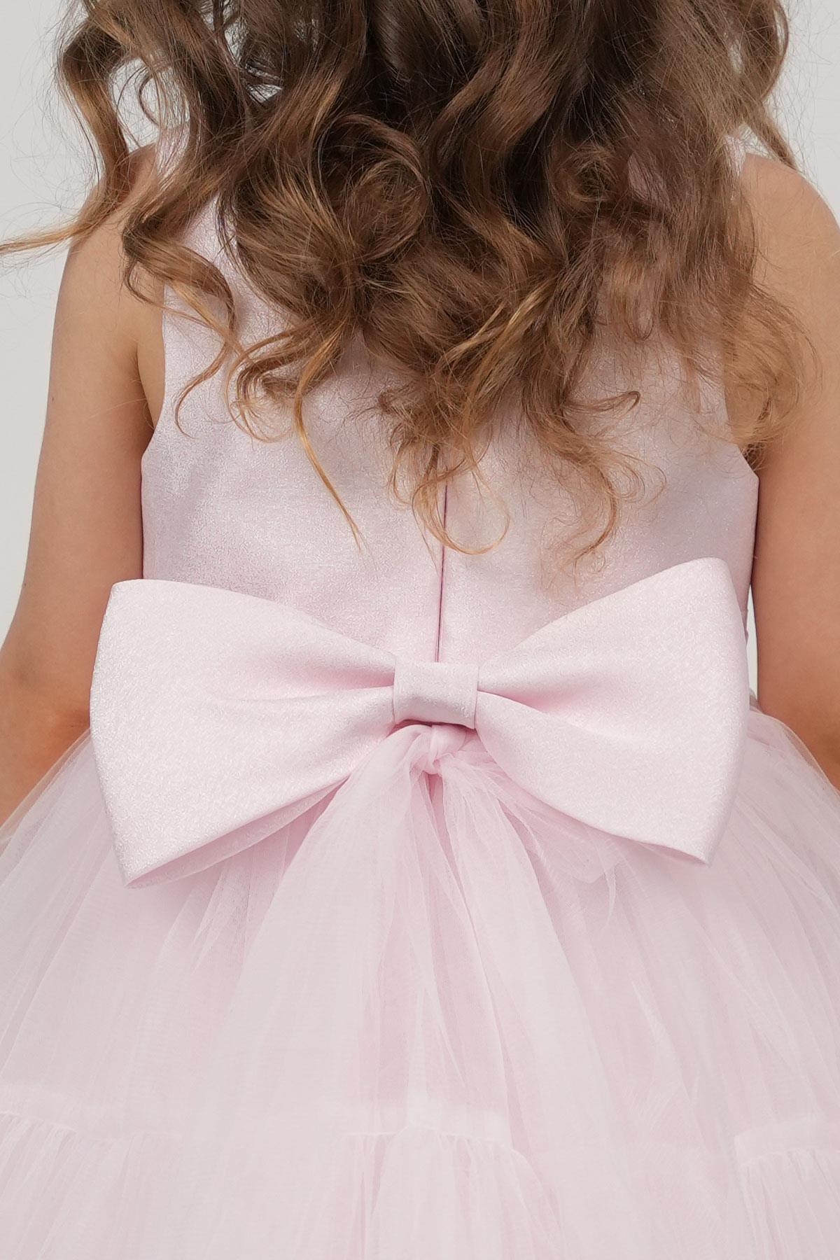 Monita Kız Çocuk Abiye Elbise Arkası Fiyonk Detaylı Bel Kısmı Taşlı Taçlı Pembe (1-5 Yaş)