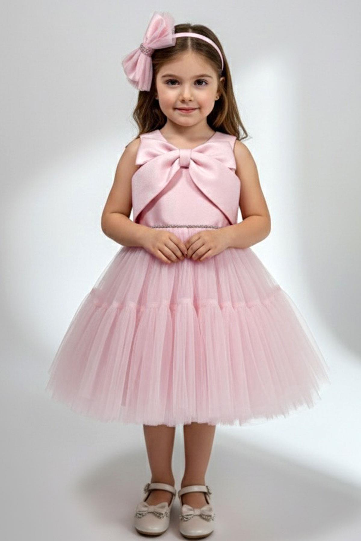 Monita Kız Çocuk Abiye Elbise Arkası Fiyonk Detaylı Bel Kısmı Taşlı Taçlı Pembe (1-5 Yaş)