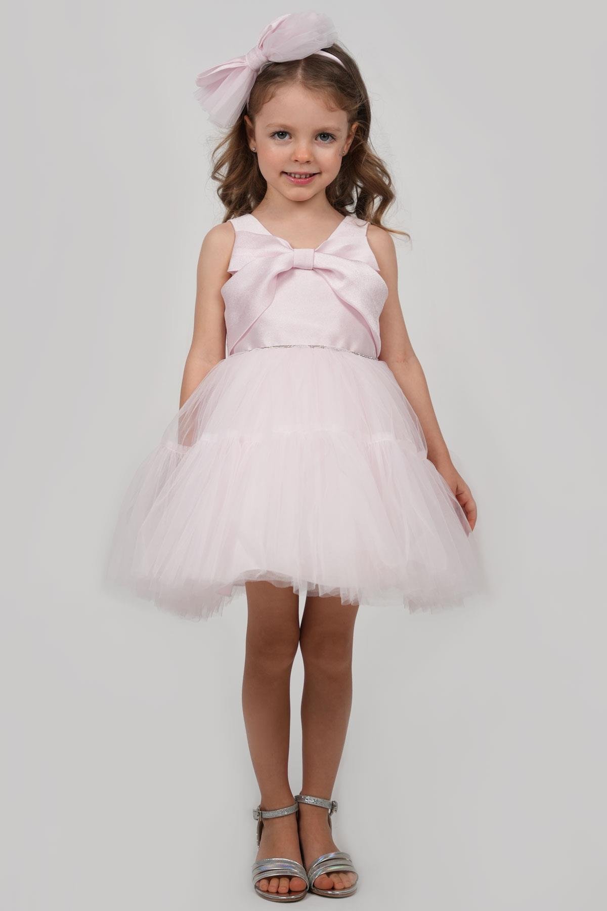 Monita Kız Çocuk Abiye Elbise Arkası Fiyonk Detaylı Bel Kısmı Taşlı Taçlı Pembe (1-5 Yaş)